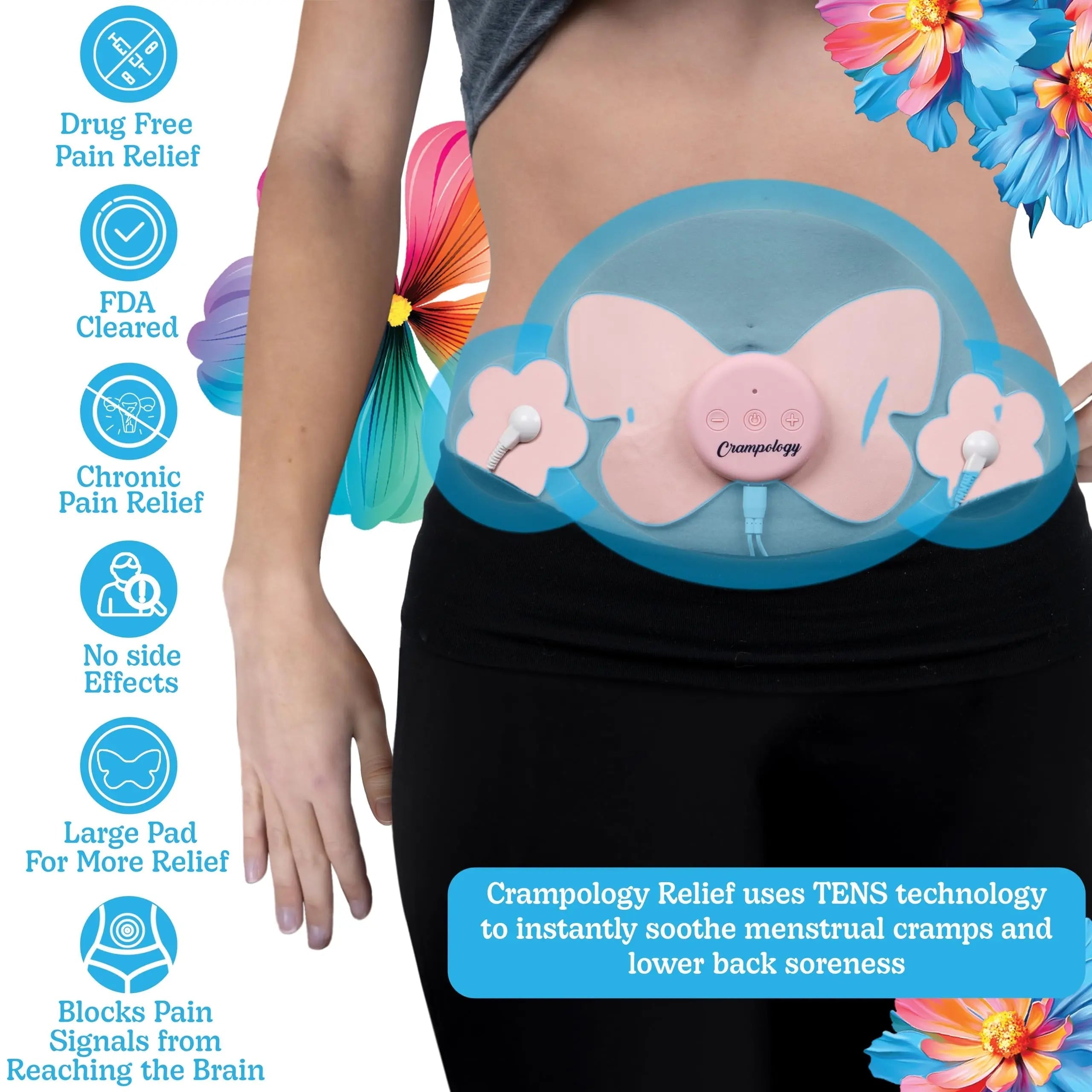 Crampology Relief Pink-Period Cramps Pain Relieving Device, Cramp Massager for Menstrual and Lower Back Ache, Reduces Endometriosis Discomfort, PMS TENS Unit, Wireless or Wired, Natural Cycle Support CrampologyAu supplements