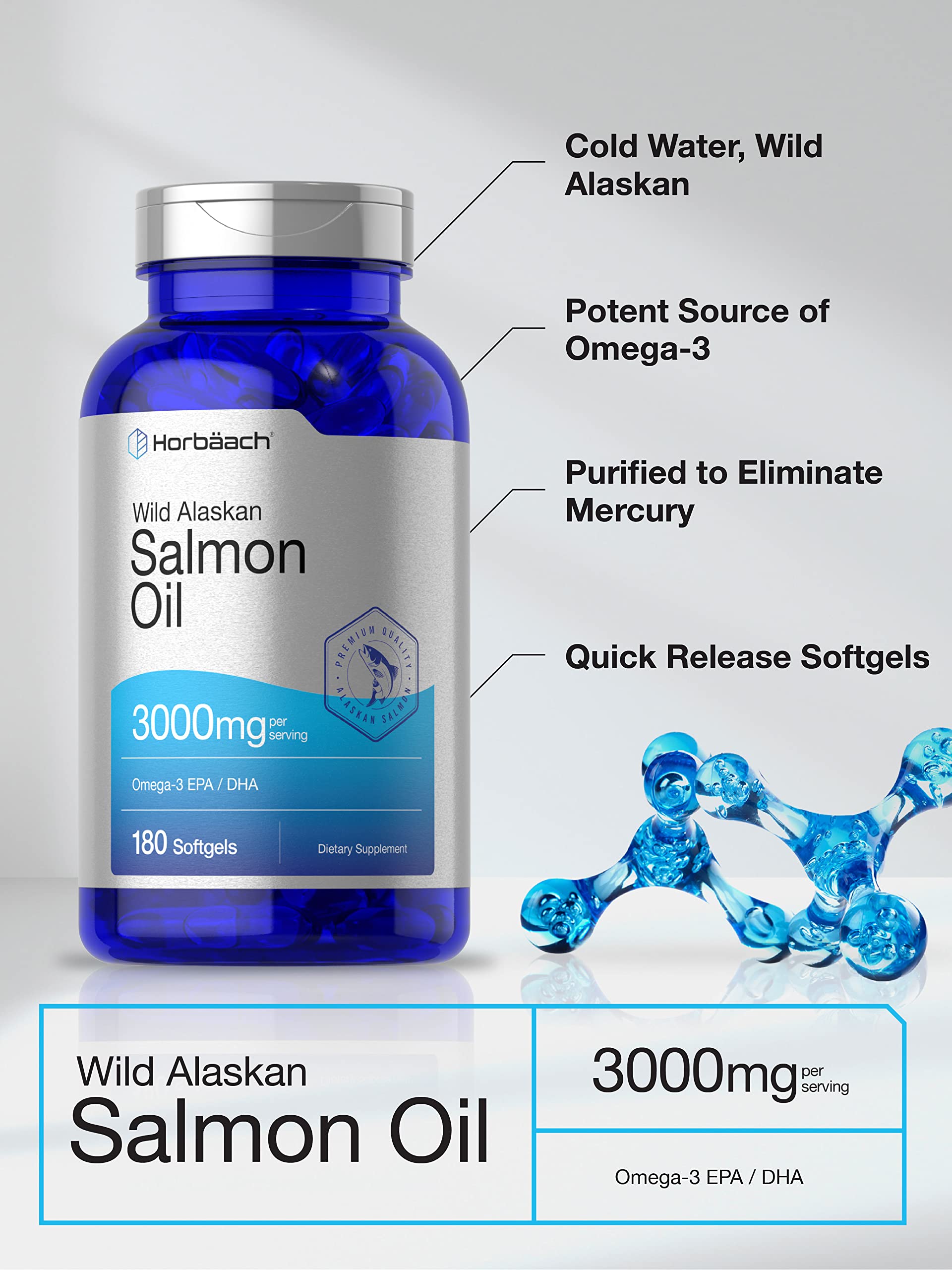 Wild Alaskan Salmon Fish Oil | 180 Softgel Capsules | Gluten Free, Non-GMO | High Potency HorbäachAu supplements