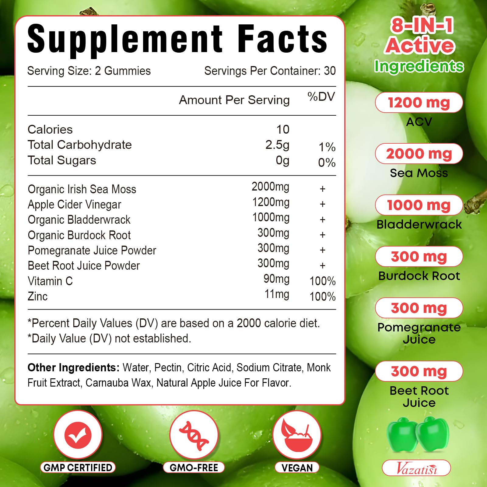 Vazatisi 2 Pack Apple Cider Vinegar Gummies, ACV with Sea Moss Gummies for Metabolism, Digestion, Detox, Gut & Immune Health, Apple Flavored -120 Count VazatisiAu supplements