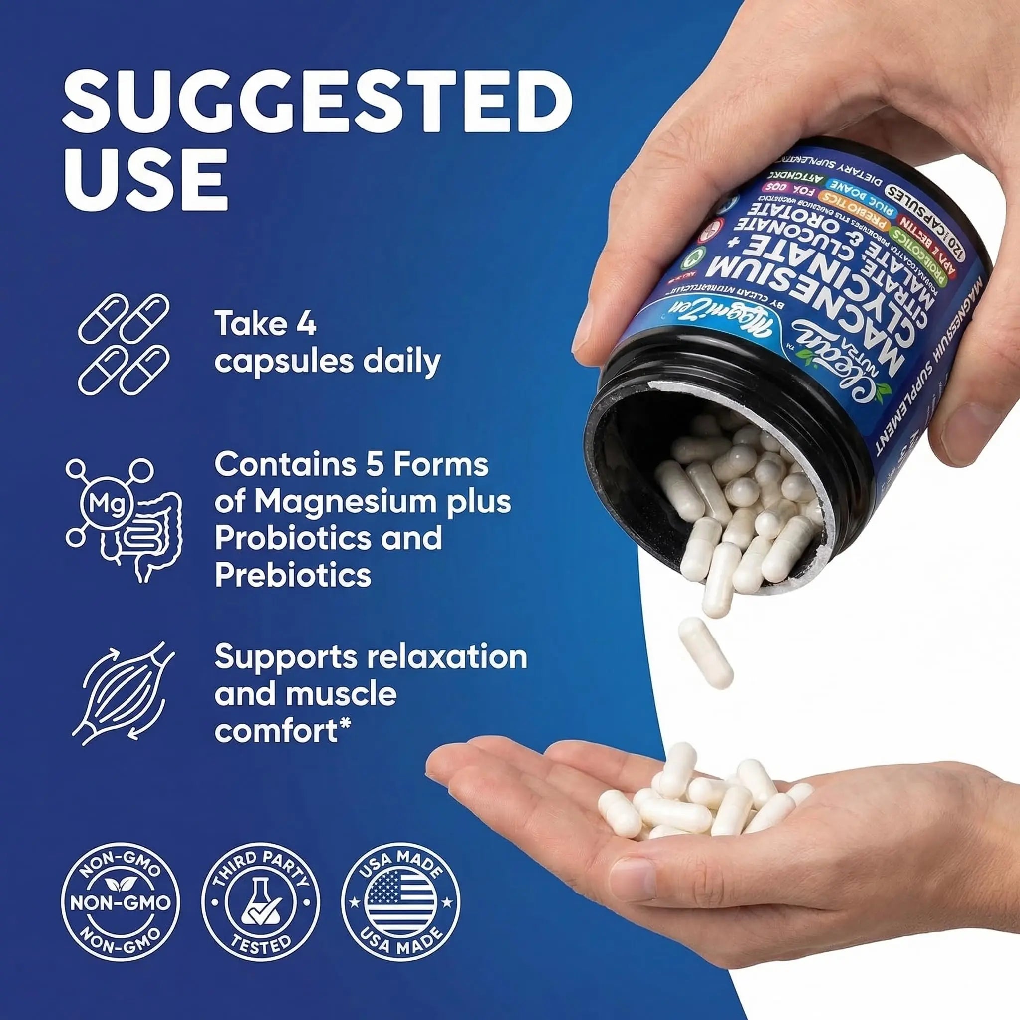 Clean Nutra Magnesium Glycinate Citrate Malate Orotate Taurate Supplement Complex + 10 Strain Probiotic Prebiotics FOS GOS Inulin Sleep Calm Support Apple Pectin – 120 Vegan Capsules Clean Nutraceuticalsnz supplements