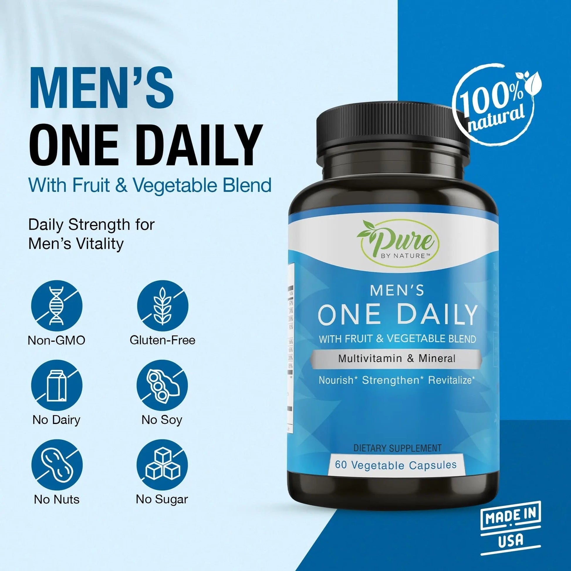 Pure By Nature One-Daily Multivitamin for Men, Immune Support Supplement with Non-GMO Ingredient, Vitamin & Minerals for Energy, 60 Veggie Capsules Pure By NatureAu supplements