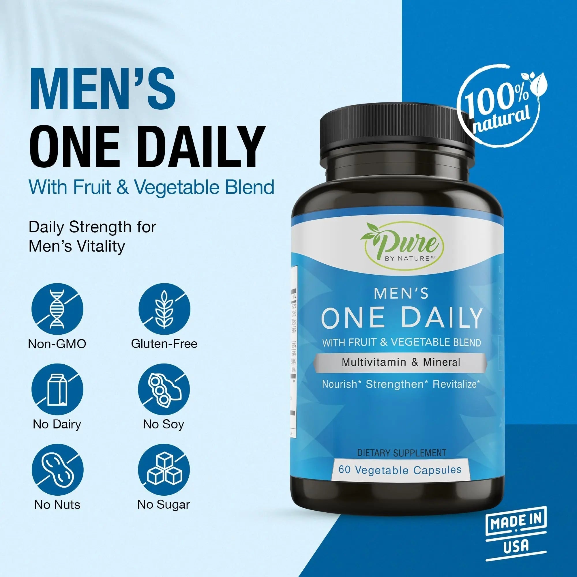 Pure By Nature One-Daily Multivitamin for Men, Immune Support Supplement with Non-GMO Ingredient, Vitamin & Minerals for Energy, 60 Veggie Capsules Pure By NatureAu supplements