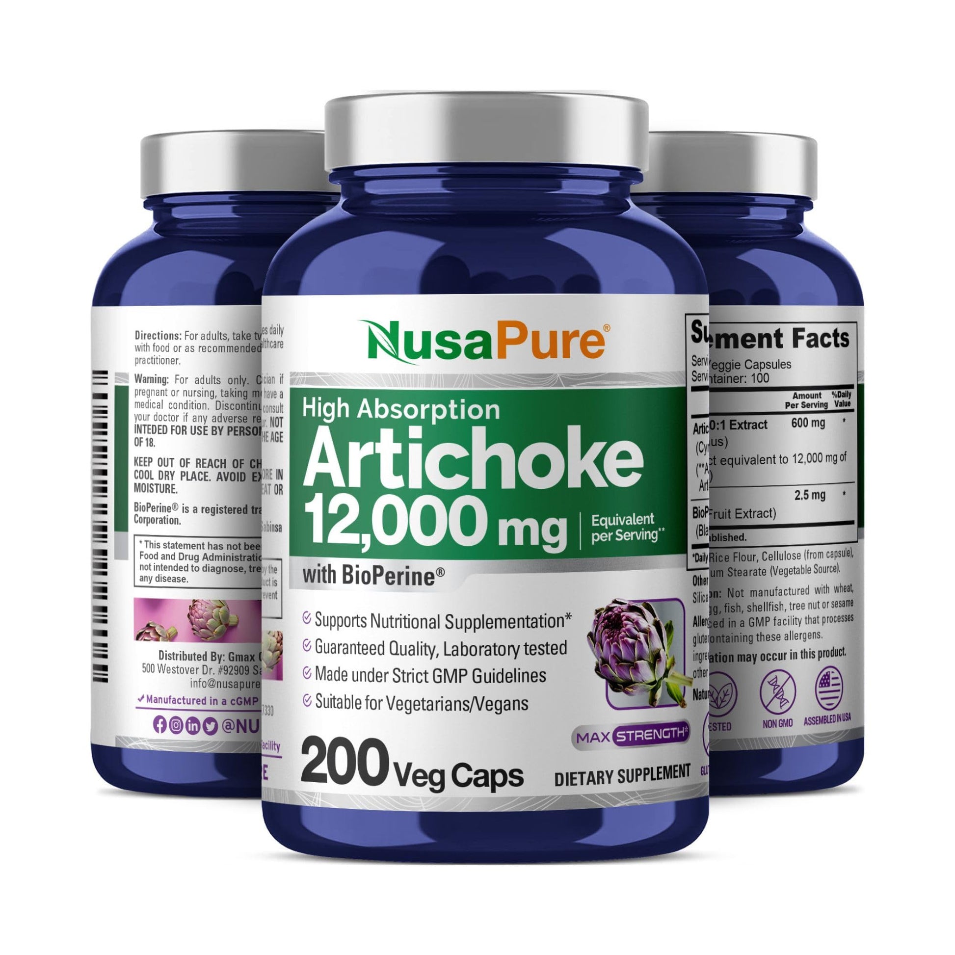 NusaPure Artichoke 20:1 Extract, 600 mg Equivalent to 12,000mg 200 Veggie caps (Non-GMO, Gluten Free) NusaPureAu supplements
