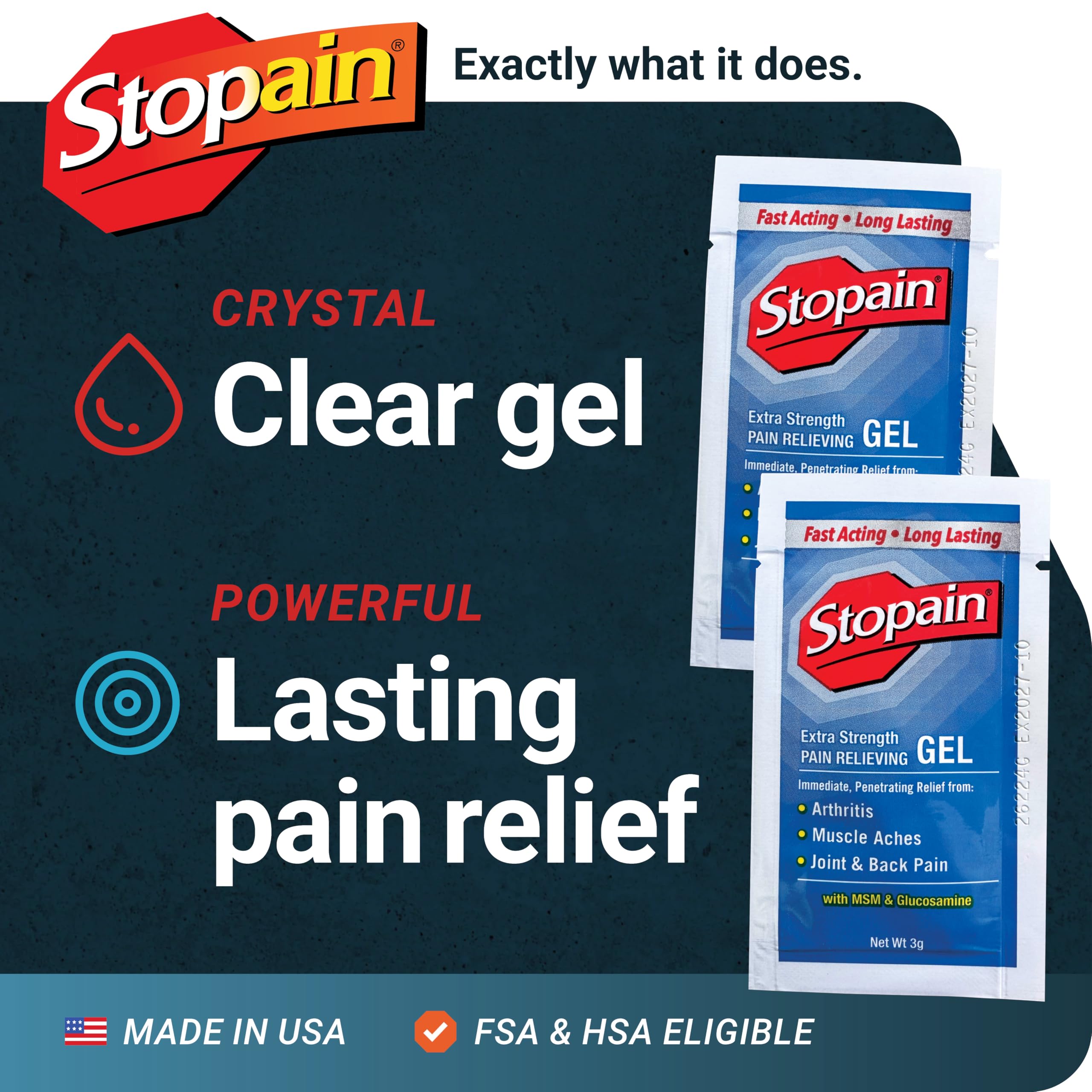 Stopain Pain Relief 3g Gel Packets, 100ct, 8% Menthol, Topical Pain Relief, Knee Pain Relief, Back Pain Relief, and Arthritis Pain Relief, Perfect for Workplace First Aid Cabinets, Made in USA StopainAu supplements