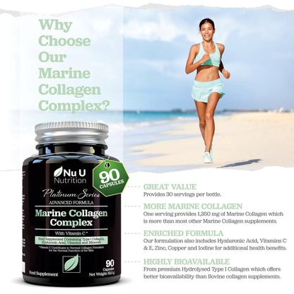 Marine Collagen with Hyaluronic Acid, Vitamin C - 90 Hydrolysed Capsules (not Tablets) - Premium High Strength Collagen Nu U NutritionUS supplements