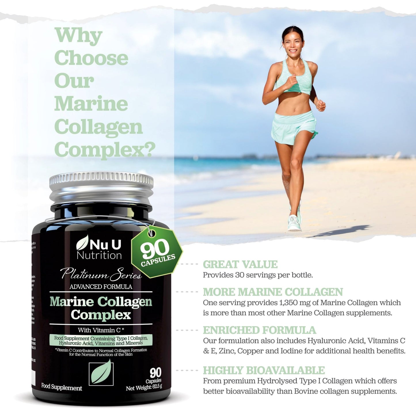 Marine Collagen with Hyaluronic Acid, Vitamin C - 90 Hydrolysed Capsules (not Tablets Nu U NutritionUS supplements