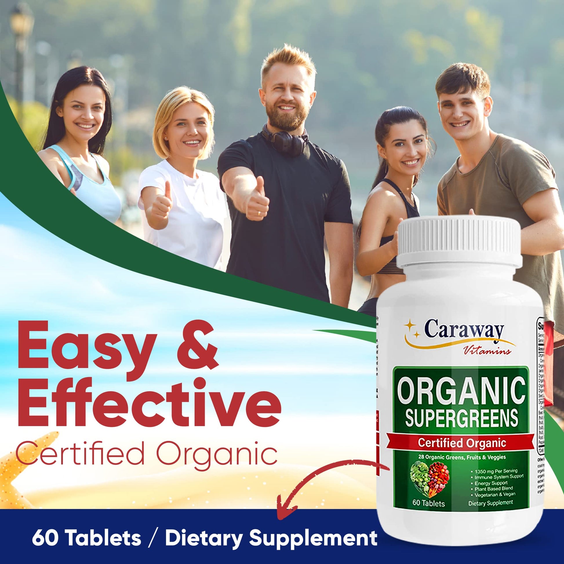 Organic Superfoods Vitamins Super Greens Complex by Caraway Vitamins 1,350 mg per Serving 28 Fruits Vegetables Greens 60 Count Tablets Non-GMO Natural for Men & Women Caraway VitaminsAu supplements
