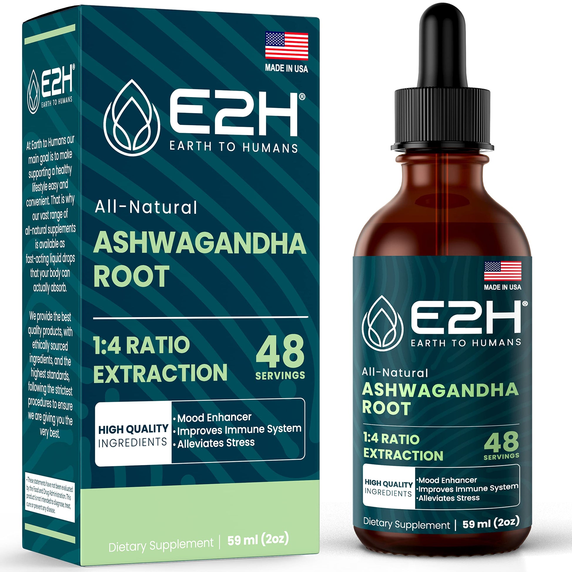 E2H Ashwagandha Liquid Drops - All-Natural Ashwagandha Supplement for Stress Relief and Mood Enhancer- Organic Ashwagandha Root Extract Effective Cortisol Manager | Non-GMO, Vegan | 2 Fl Oz E2H EARTH TO HUMANSAu supplements
