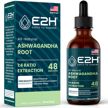 E2H Ashwagandha Liquid Drops - All-Natural Ashwagandha Supplement for Stress Relief and Mood Enhancer- Organic Ashwagandha Root Extract Effective Cortisol Manager | Non-GMO, Vegan | 2 Fl Oz E2H EARTH TO HUMANSAu supplements