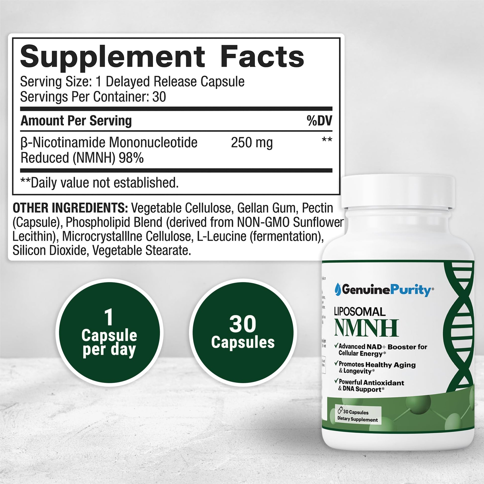 GenuinePurity - NMNH NAD Supplement - 250mg, 30 Count Liposomal NAD+ Supplement for Cellular Health & Energy - GMP Certified Advanced Reduced Form of NMN for Superior Stability & Absorption GenuinePurityAu supplements