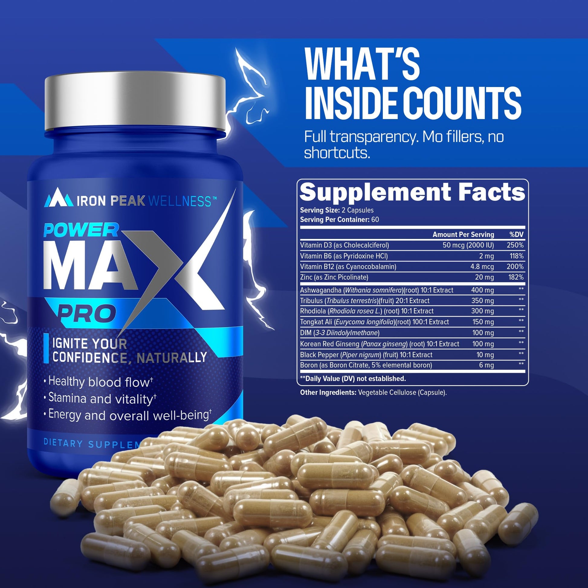 Testosterone Booster Pills for Men - Male Enhancing Supplement - Fast Acting Blood Flow, Muscle Growth, Strength, Energy, Libido, Endurance, Workout - Natural Performance Test Boost - 60 Day Serving IronPeak WellnessAu supplements