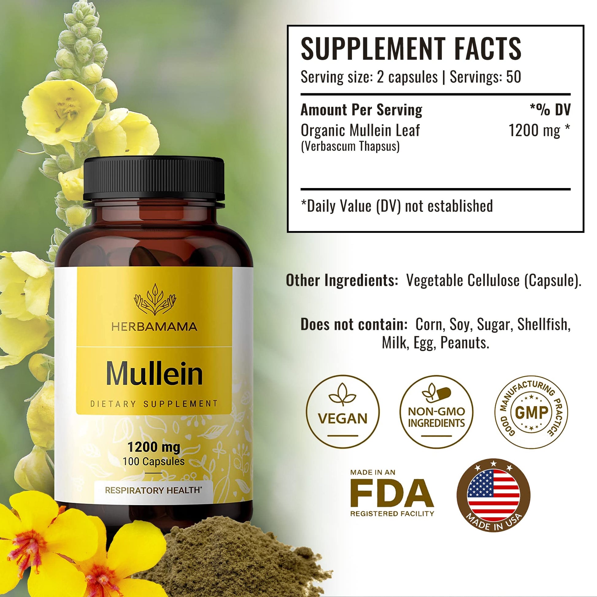 HERBAMAMA Mullein Leaf Capsules Respiratory Health - Organic Mullein Leaf Extract HERBAMAMAUS supplements