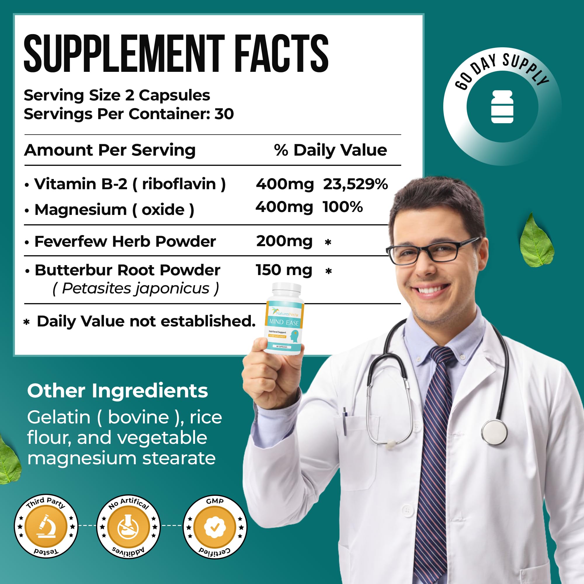 Nature's Nectar Migraine Prevention Feverfew Capsules – PA Free Butterbur Root, Riboflavin 400 mg, Magnesium & Feverfew – Natural Migraine Supplement – 60 Capsules Nature's NectarAu supplements