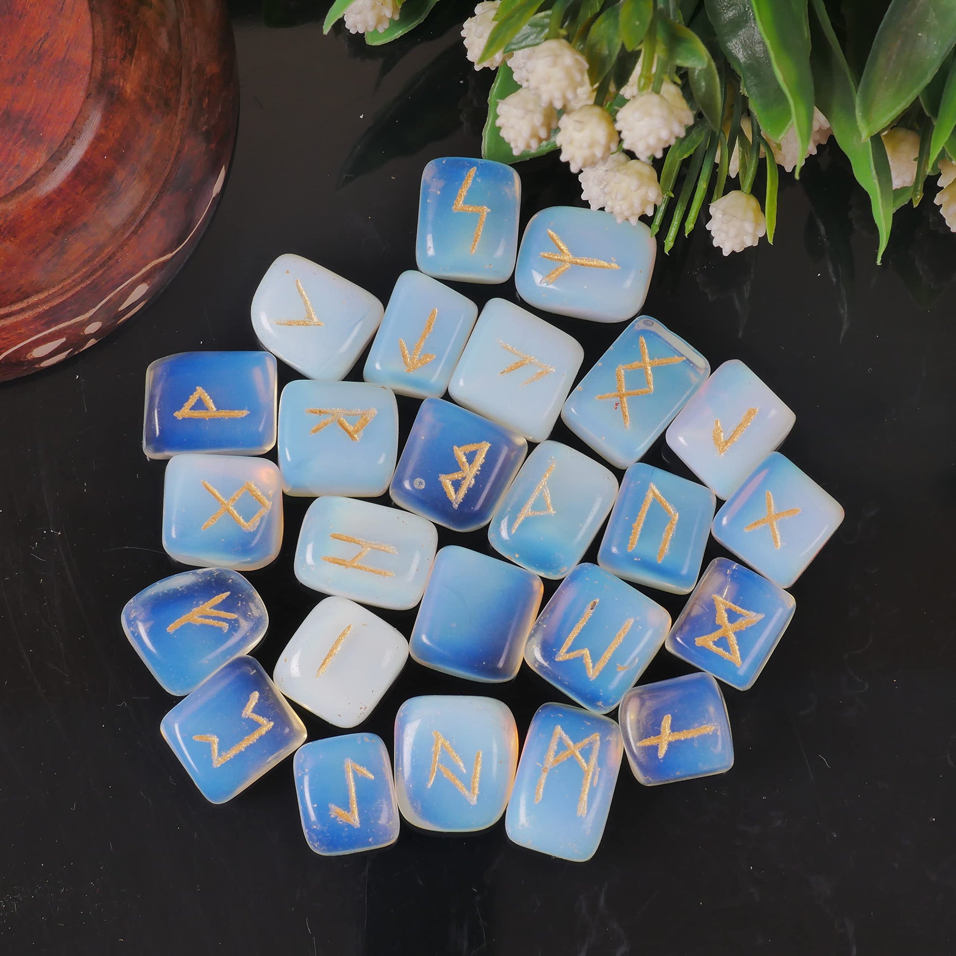 Opalite Rune Stone - Rune Set - Engraved Elder Futhark Alphabet Symbols - Witchcraft Crystals QUIPSAAu supplements