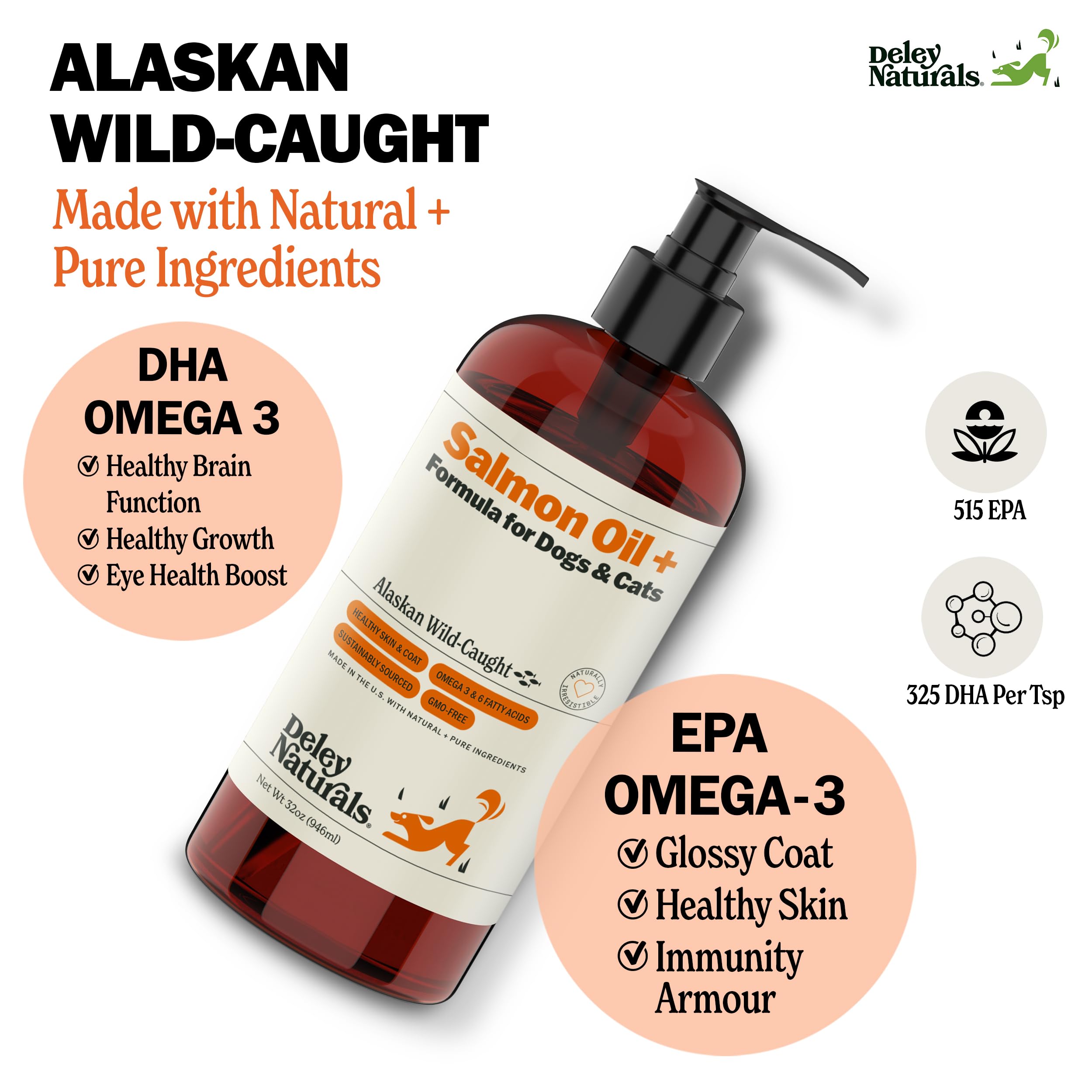 Deley Naturals Wild Alaskan Salmon Oil for Dogs & Cats - New and Improved Salmon Oil Plus Formula - Fish Oil for Dogs with Omega 3, DHA and EPA - Omega 3 for Healthy Skin and Coat - 32oz Made in USA Deley NaturalsAu supplements