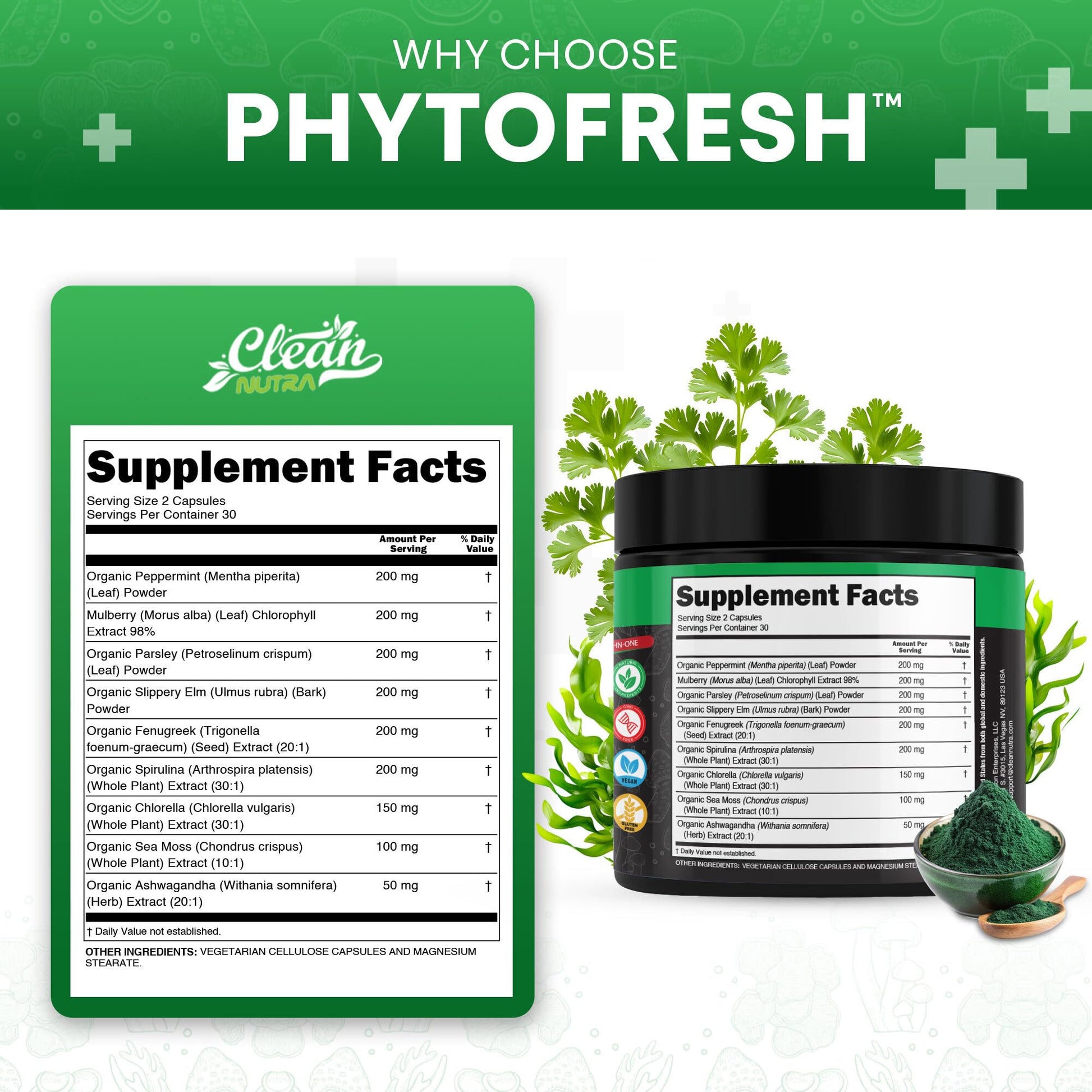 Clean Nutra Chlorophyll Capsules Supplement Internal Deodorant Peppermint, Sea Moss, Parsley, Chlorella, Spirulina, Slippery Elm, Ashwagandha, PhytoFresh Greens Detox Pills Clean NutraceuticalsAu supplements
