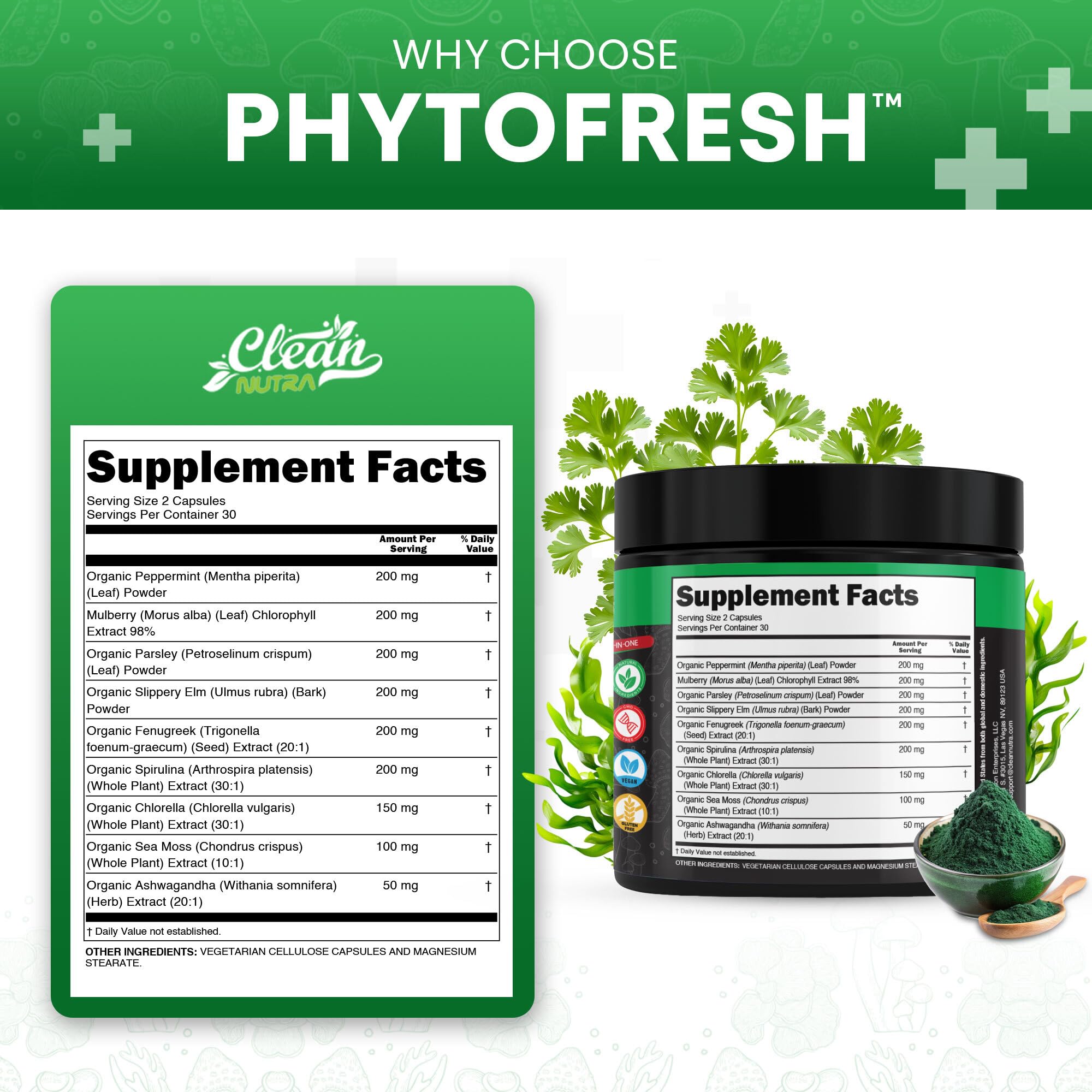 Clean Nutra Chlorophyll Capsules Supplement Internal Deodorant Peppermint, Sea Moss, Parsley, Chlorella, Spirulina, Slippery Elm, Ashwagandha, PhytoFresh Greens Detox Pills Clean NutraceuticalsAu supplements