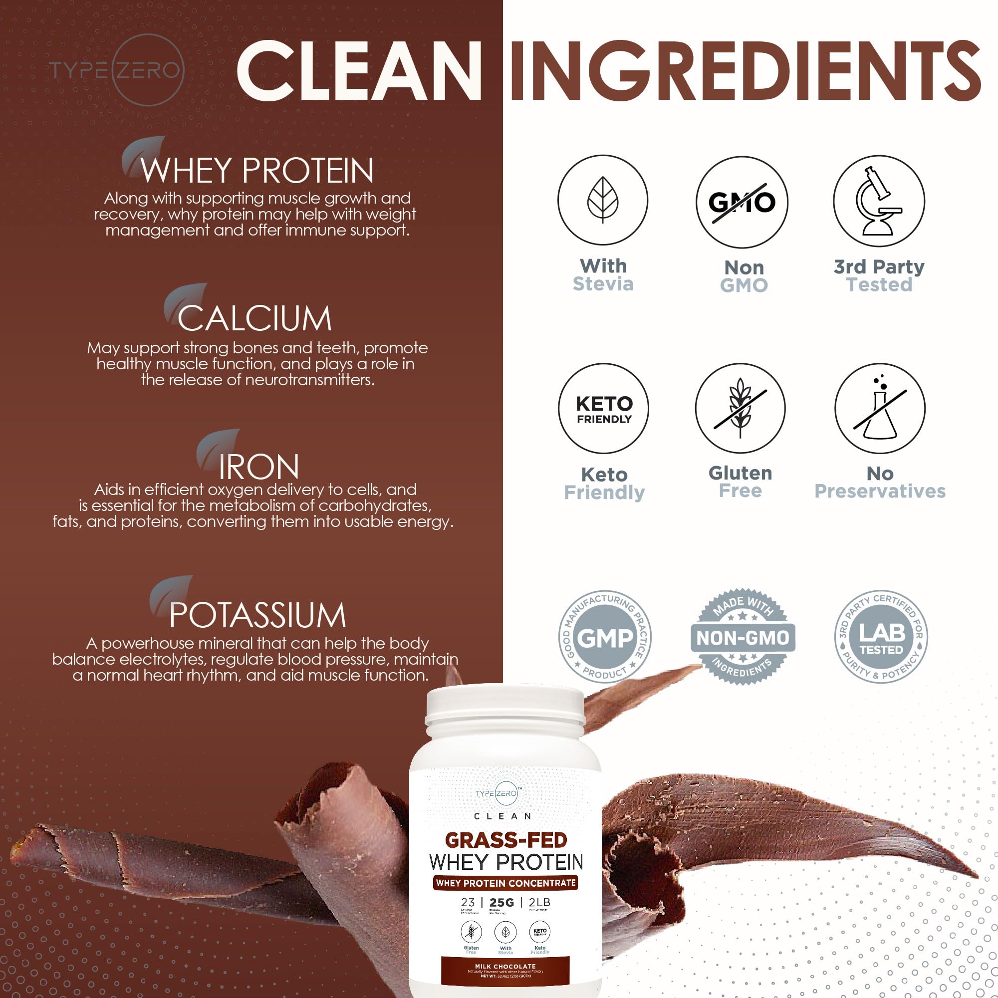 Type Zero Grass Fed Whey Protein Concentrate Powder (Chocolate, 2LBS) - Gluten Free Type ZeroUS supplements