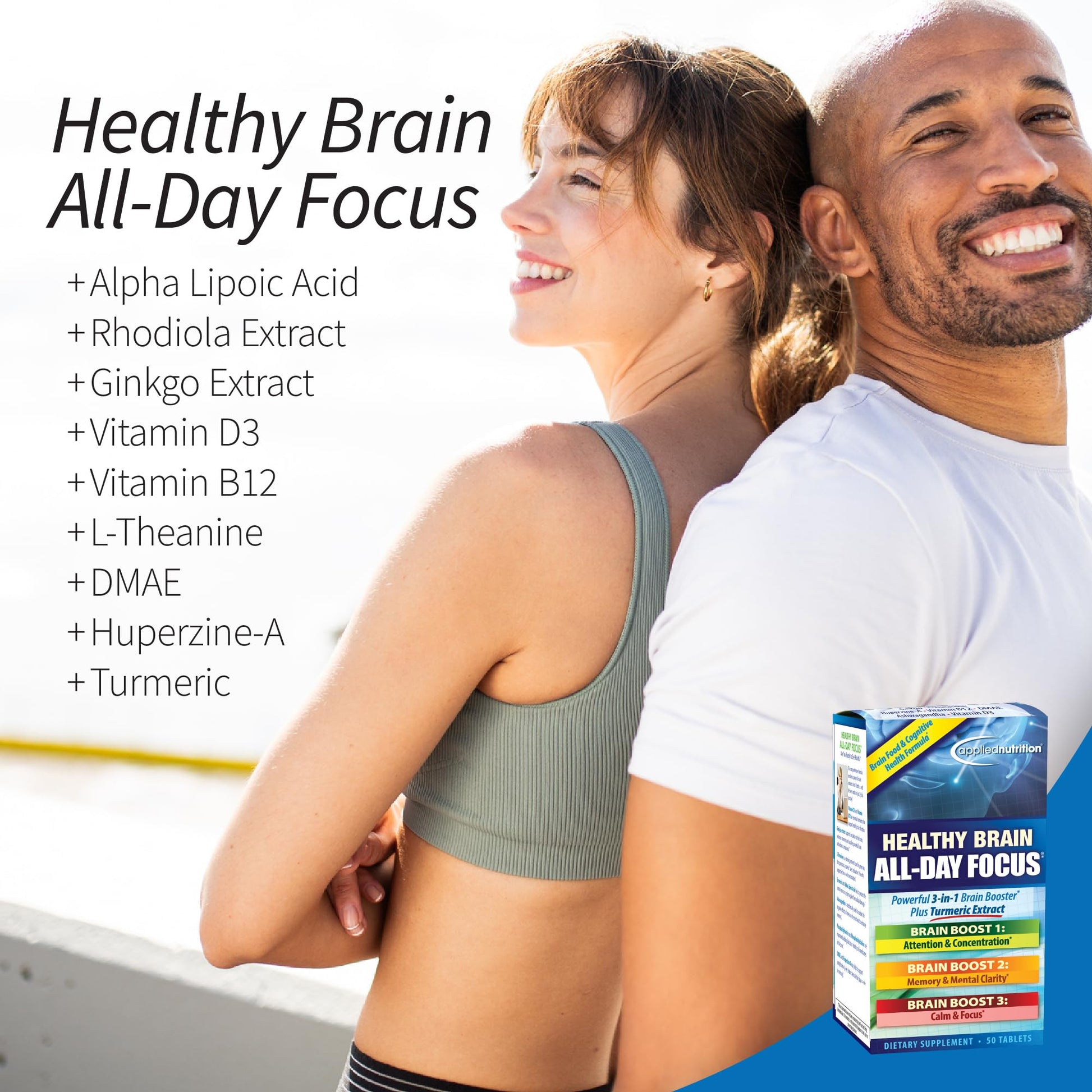 Applied Nutrition Healthy Brain All-Day Focus - 50 Tablets - Powerful 3-in-1 Brain Booster with Turmeric Extract - 25 Servings Applied NutritionAu supplements