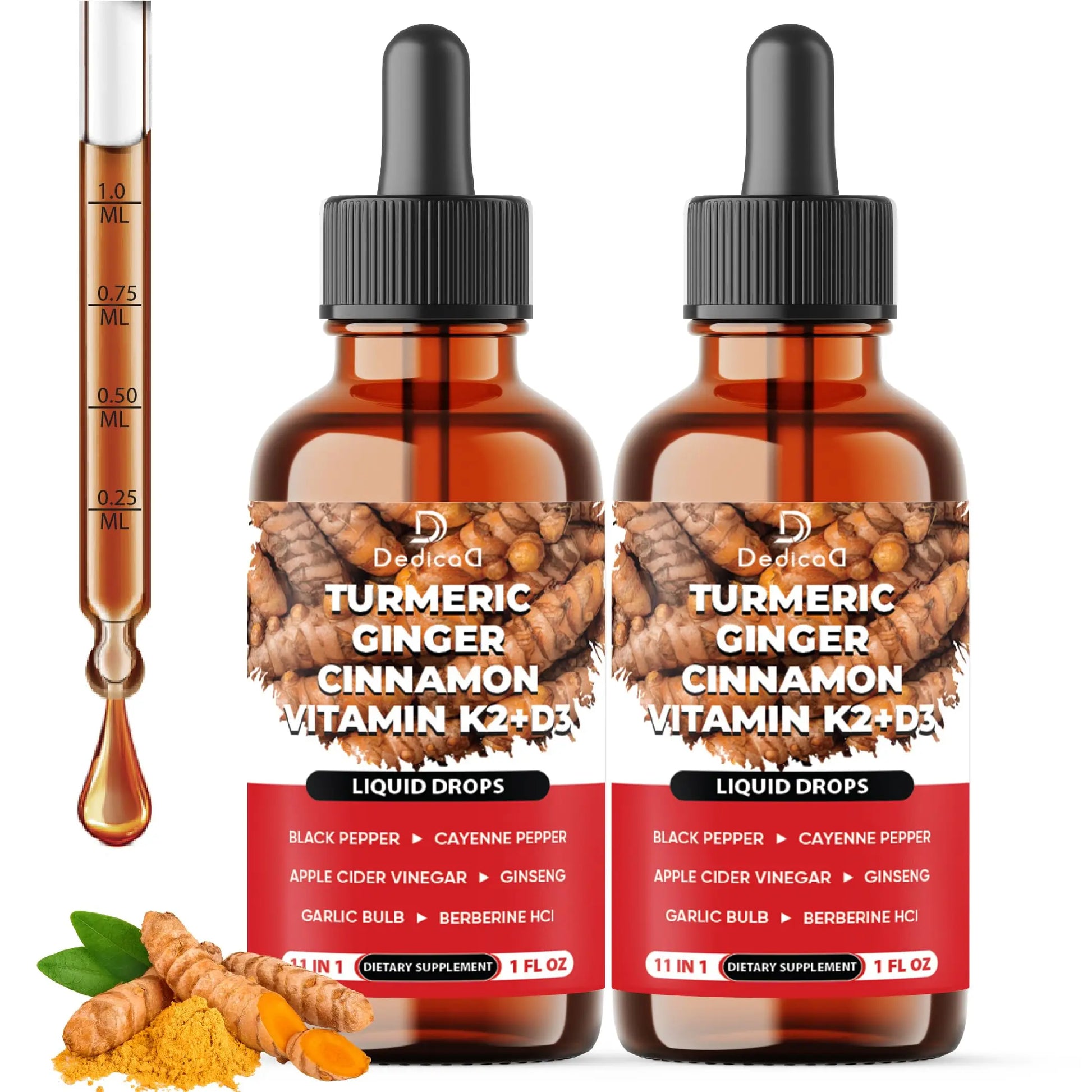11in1 Turmeric Supplement for Health Heart & Wellness Support – with Ginger, Garlic, Ceylon Cinnamon, Berberine, Ginseng, Apple Cider Vinegar – 30ml Liquid Drops – 60 Servings DEDICADAu supplements