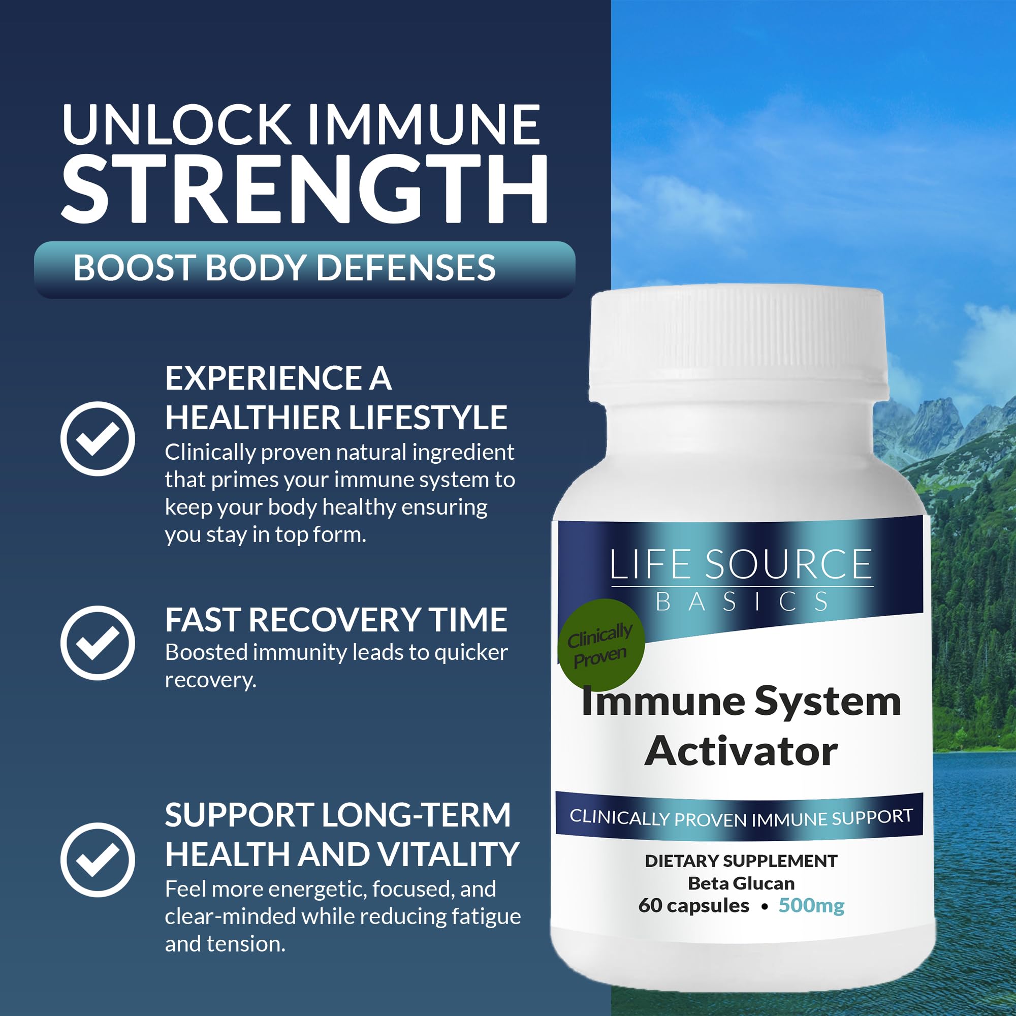 Life Source Basics Immune System Support Activator - High Purity Beta 1,3/1,6 Glucan - Immunity and Vitamin Supplement Non-GMO & Vegan Friendly for Men & Women, Gluten-Free 500 mg - 60 Capsules L LIFE SOURCE BASICSAu supplements