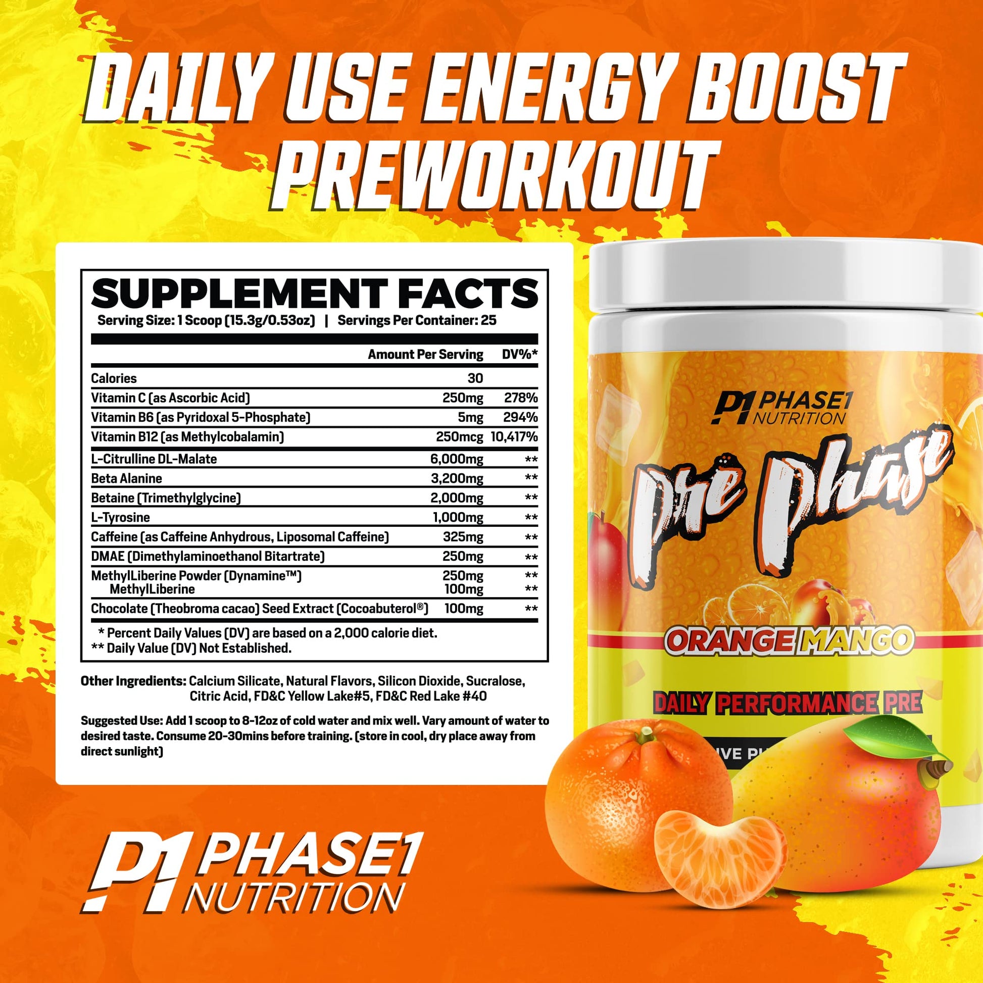 Pre Phase Daily Driver Orange Mango Pre Workout with 325mg Caffeine, Vitamin B12 Phase One NutritionAu supplements