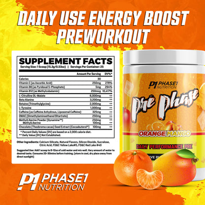 Pre Phase Daily Driver Orange Mango Pre Workout with 325mg Caffeine, Vitamin B12 Phase One NutritionUS supplements
