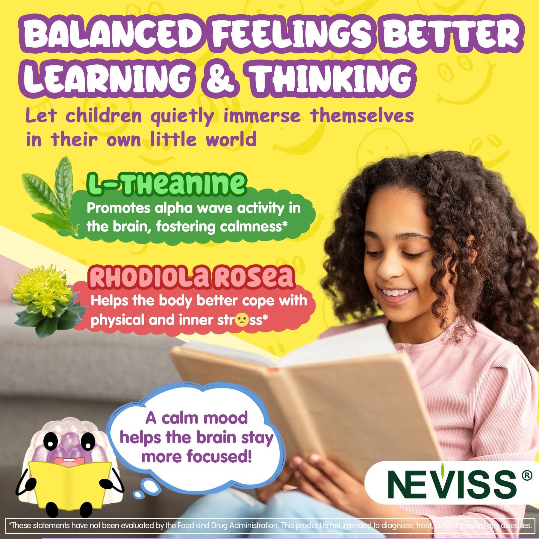 Kids Focus Gummies - Brain Supplements with Vegan Omega 3 DHA, Phosphatidylserine, L-Theanine, L-Tyrosine, Methylated B6 & B12 for Kids & Teen Support Attention, Memory, Nootropic, Sugar Free 60cts NEVISSAu supplements