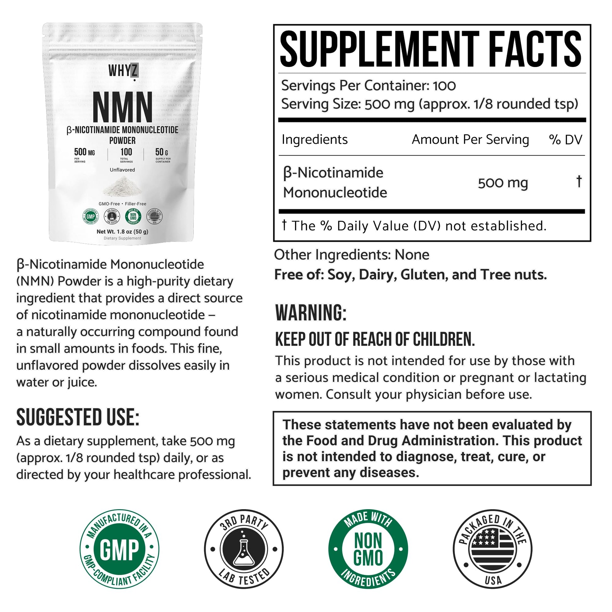 Pure NMN Powder Nicotinamide Mononucleotide Quick Dissolved NMN Supplement Powder 100% Unflavored NMN Supplement Supports NAD+ Levels Vegan Friendly Non-GMO, 50g WHYZAu supplements