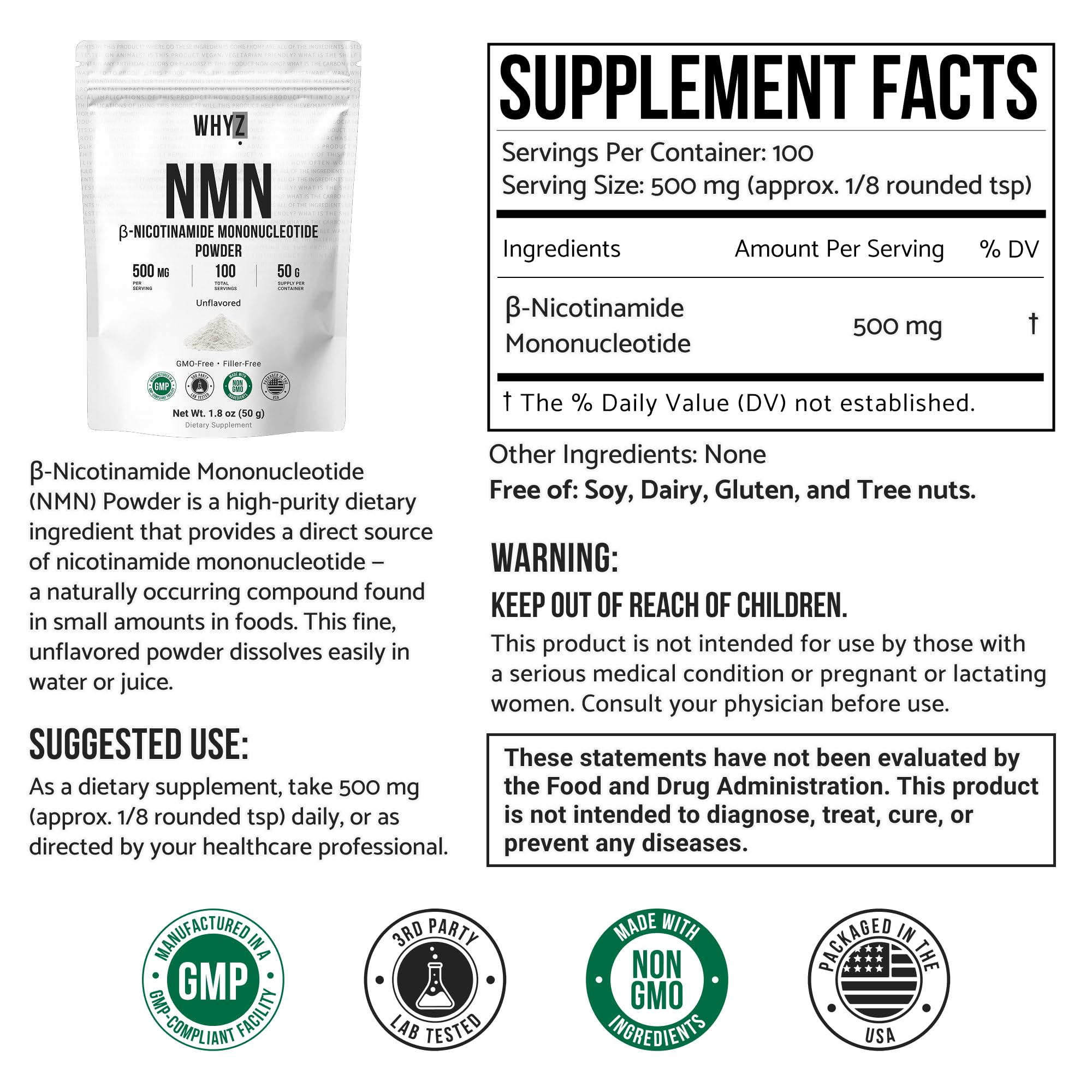 Pure NMN Powder Nicotinamide Mononucleotide Quick Dissolved NMN Supplement Powder 100% Unflavored NMN Supplement Supports NAD+ Levels Vegan Friendly Non-GMO, 50g WHYZAu supplements