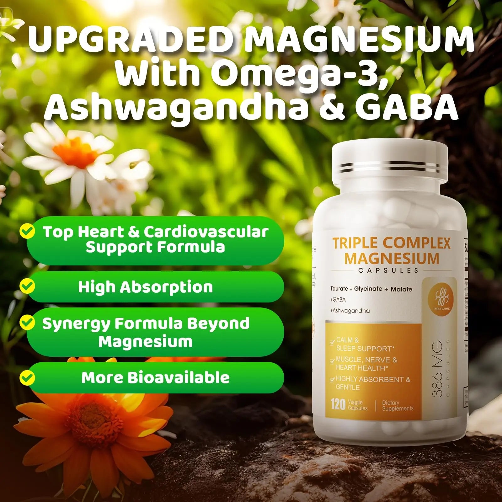 Triple Magnesium Complex - Magnesium Glycinate, Taurate & Malate Supplement with Omega3, Ashwagandha, GABA for Sleep, Brain Heart & Muscle Support - High Absorption and Gentle, Vegan, 120 Capsules iMATCHMEnz supplements