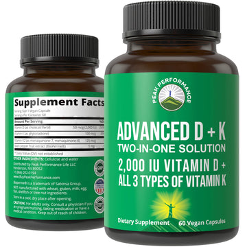 Peak Performance Advanced Vitamin D 2000 IU with All 3 Types of Vitamin K Vitamin D3 and Vitamin K2, K1, MK-7 (MK7), MK4 Supplements - 60 Small and Easy to Swallow Vegetable Pills Peak PerformanceAu supplements