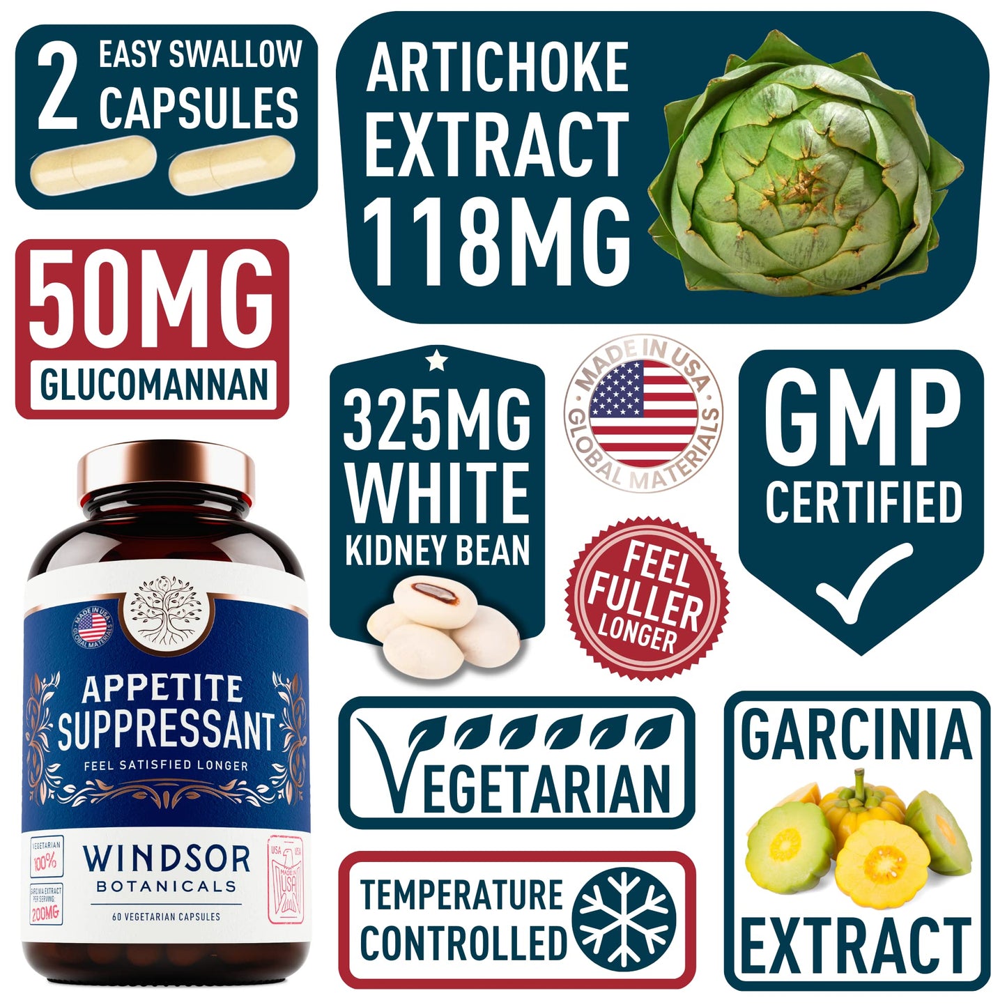 Appetite Suppressant for Weight Loss - Garcinia Cambogia, Glucomannan Appetite Control WINDSOR BOTANICALSUS supplements