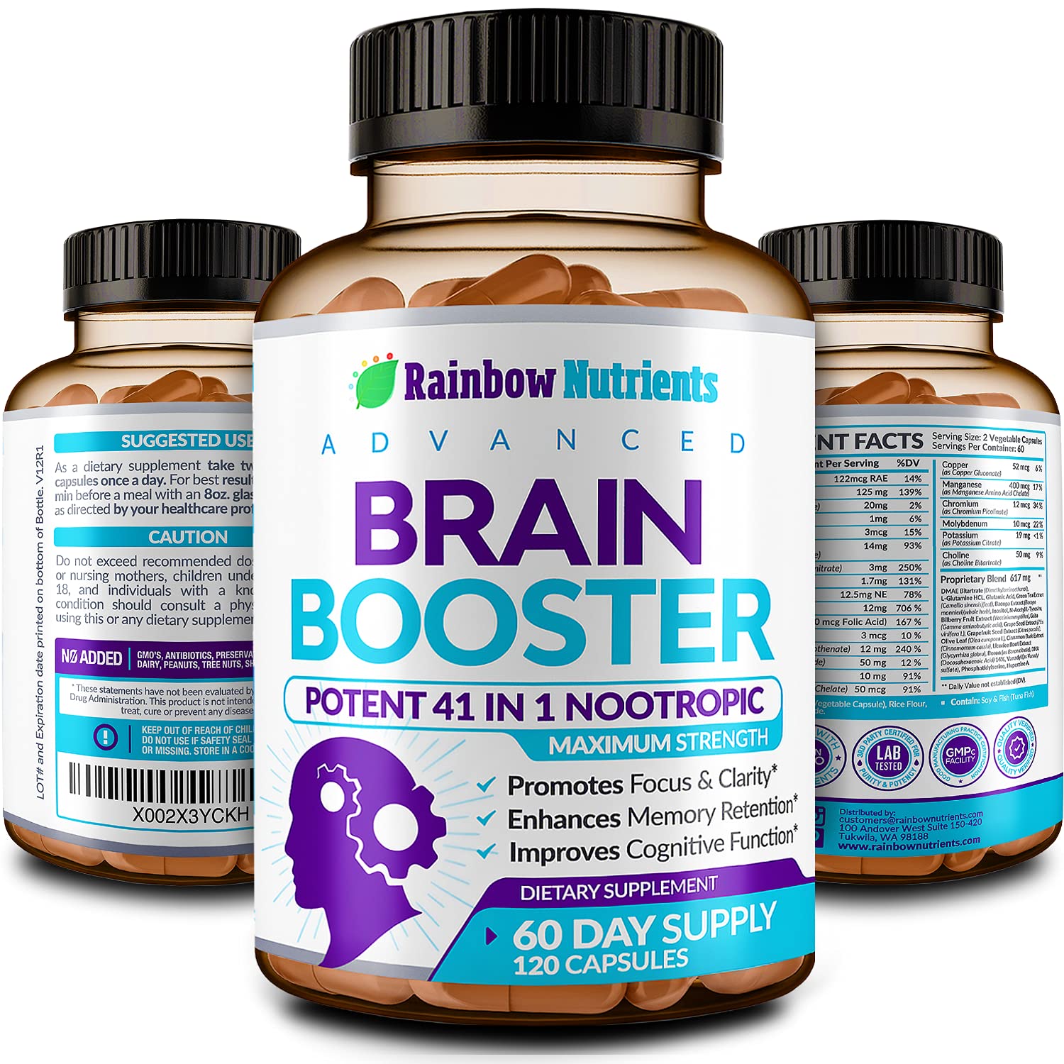40-in-1 Brain Booster Supplements for Memory, Focus, Clarity, Energy, Performance | Natural Nootropic Brain Support Supplement with DMAE, Bacopa Monnieri & More | For Men & Women | 120 V Capsules Rainbow Nutrients, LLCAu supplements
