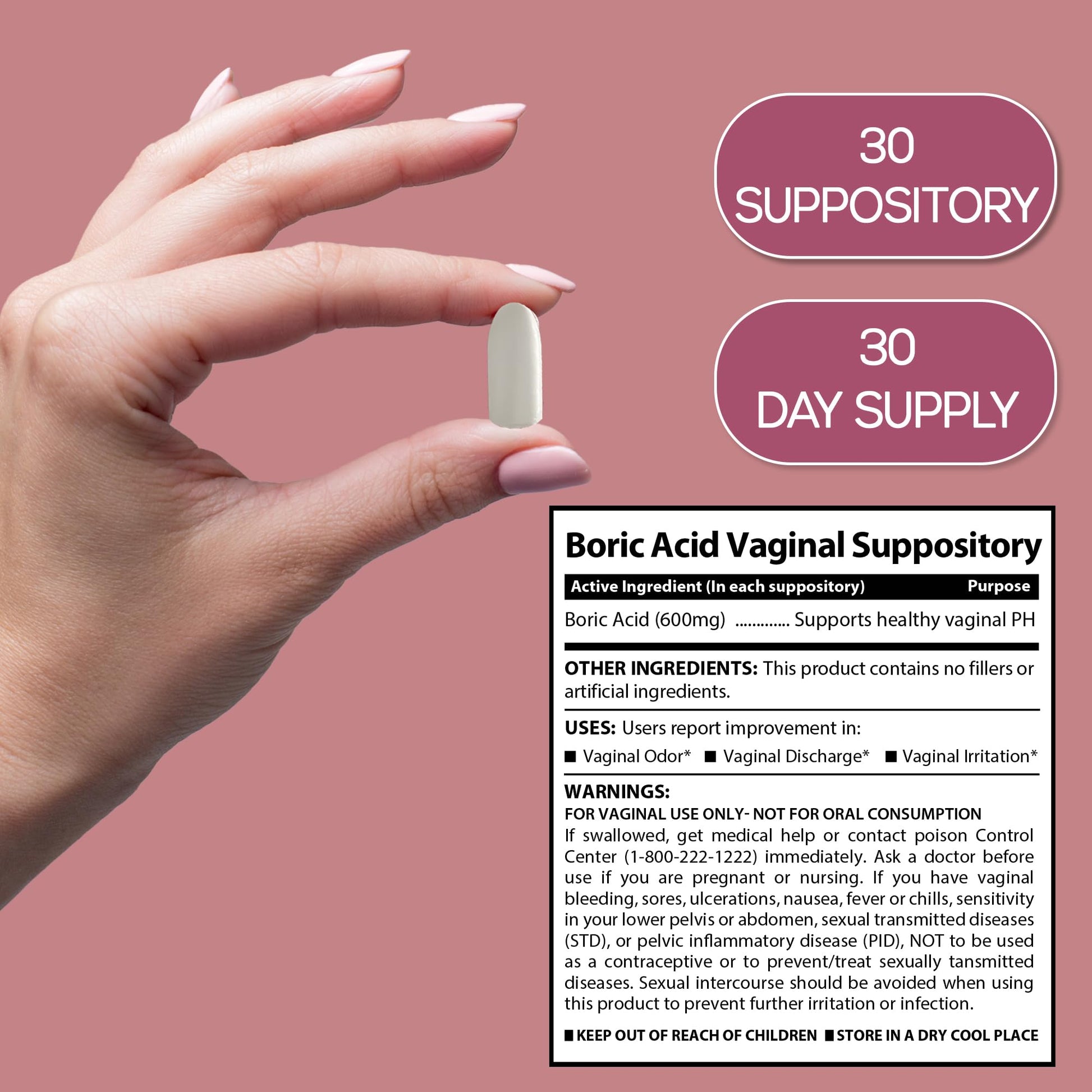 Boric Acid Suppositories for Women 600 mg, Pure Boric Acid pH Balance for Women & Vaginal Odor Control – 30 Suppositories, Made in USA HARMONIFYUS supplements