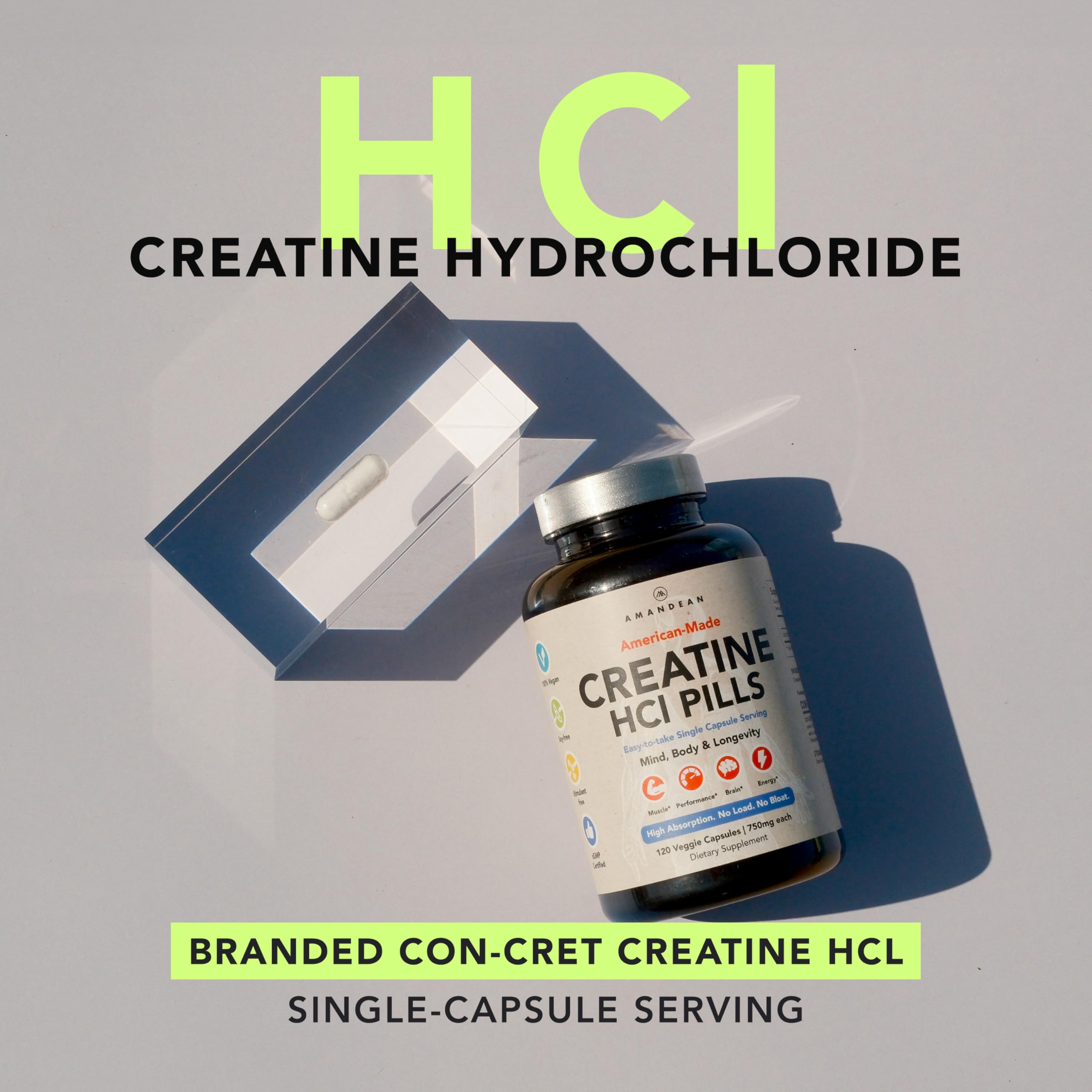 AMANDEAN Creatine HCl Pills. American Made CON-CRET. 120 Capsules. 7X Concentrated vs Monohydrate Powder. No Bloat. Muscle, Energy, Cognitive, Recovery Support for Men & Women. Gluten Free, Non-GMO. AMANDEANAu supplements