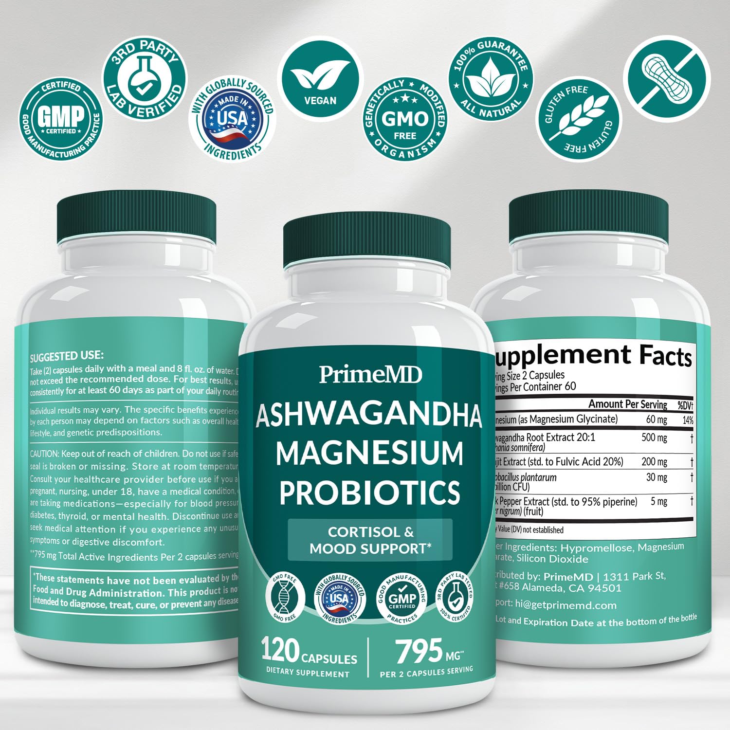 5-in-1 Cortisol Supplement for Women and Men with Ashwagandha for Calmness, Focus, and Adrenal Support Supplements with Shilajit Extract, Magnesium Glycinate, Probiotics (120 ct) (Pack of 1) PrimeMDAu supplements