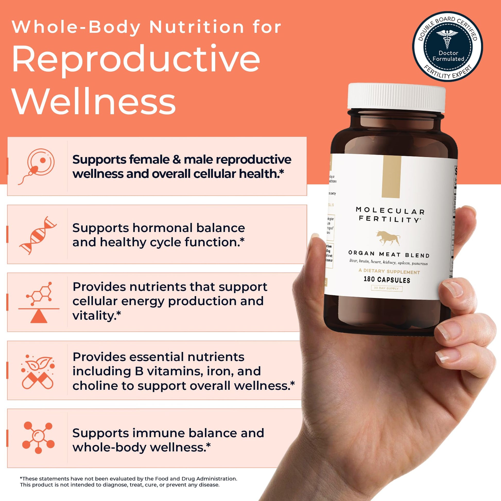 Molecular Fertility Beef Organ Complex - Pasture-Raised, Grass Fed Beef Liver, Brain, Heart, Spleen, Pancreas Blend, Healthy Hormone Balance and Fertility Supplement for Women and Men, 180 Capsules Molecular FertilityAu supplements