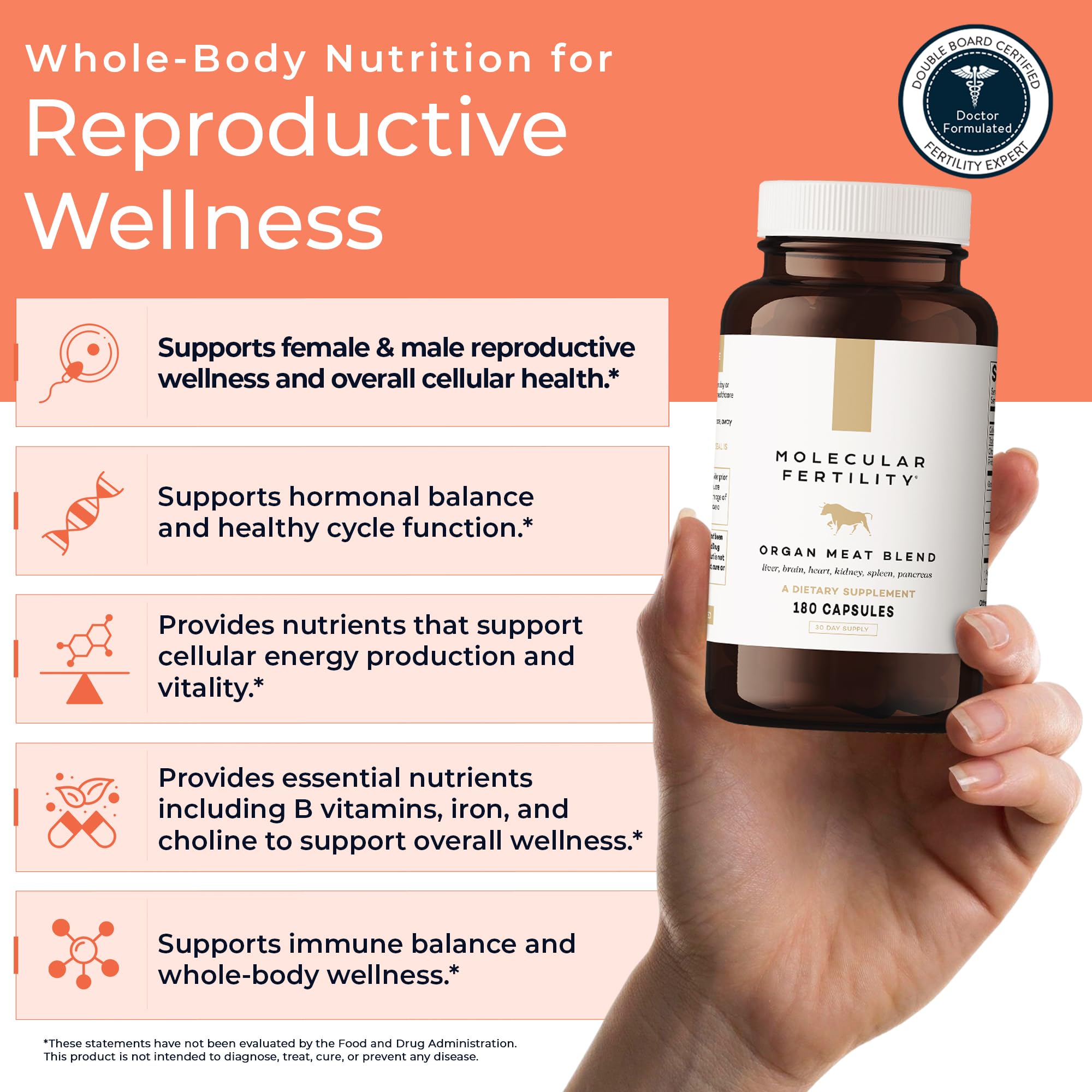 Molecular Fertility Beef Organ Complex - Pasture-Raised, Grass Fed Beef Liver, Brain, Heart, Spleen, Pancreas Blend, Healthy Hormone Balance and Fertility Supplement for Women and Men, 180 Capsules Molecular FertilityAu supplements