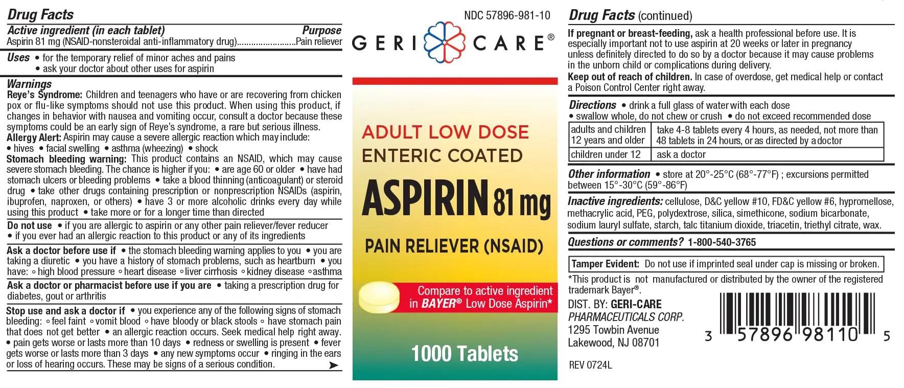 Low dose Baby Aspirin 81mg for Adults. (NSAID) | Made in USA | (Value Pack 1,000 Enteric Coated Tablets) MedRiteAu supplements