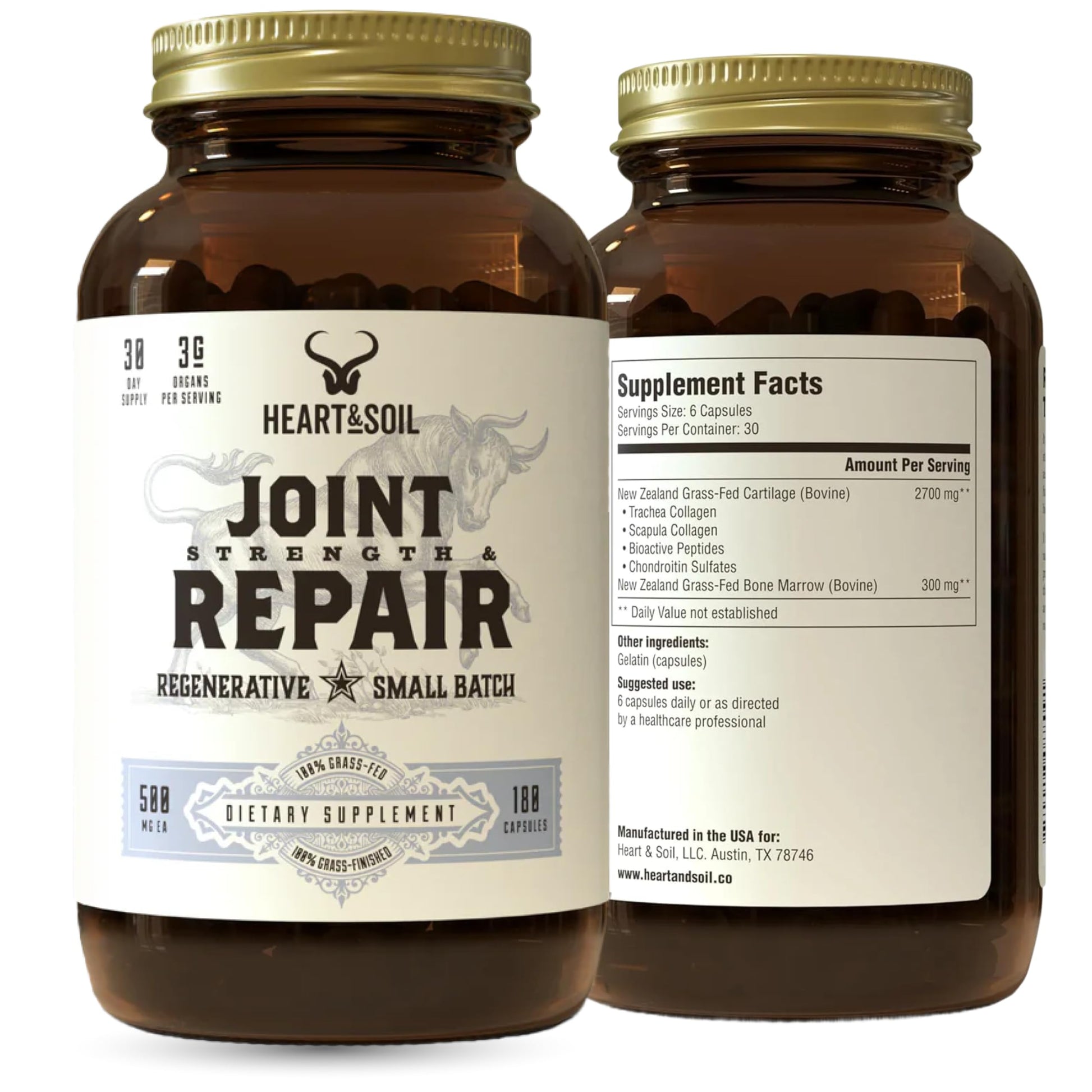 Heart & Soil 100% Grass Fed & Finished Joint Support Supplement from Regenerative Cattle with Trachea, Scapula & Bone Marrow – Supports Joint Strength & Mobility – 3000mg – Glass Bottle – 180 Capsules HEART & SOILAu supplements