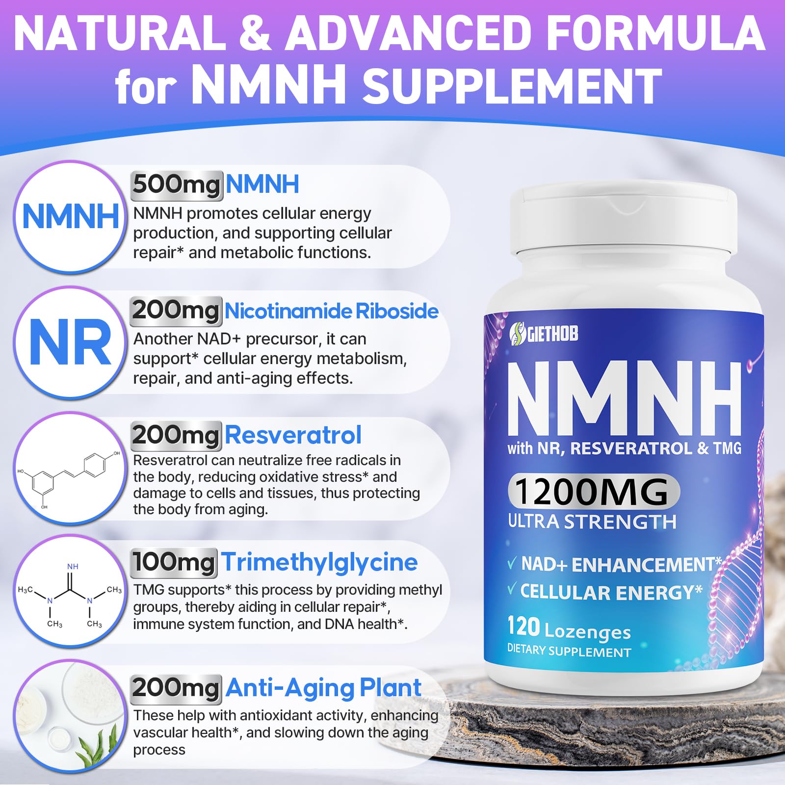 Wriayrui Sublingual NMNH (Dihydronicotinamide Mononucleotide), NMN Supplement Alternative, NAD+ Levels as We Age, Anti-Aging, Energy, NAD Resveratrol Supplement with w/NR, Resveratrol & TMG 120 Count WriayruiAu supplements