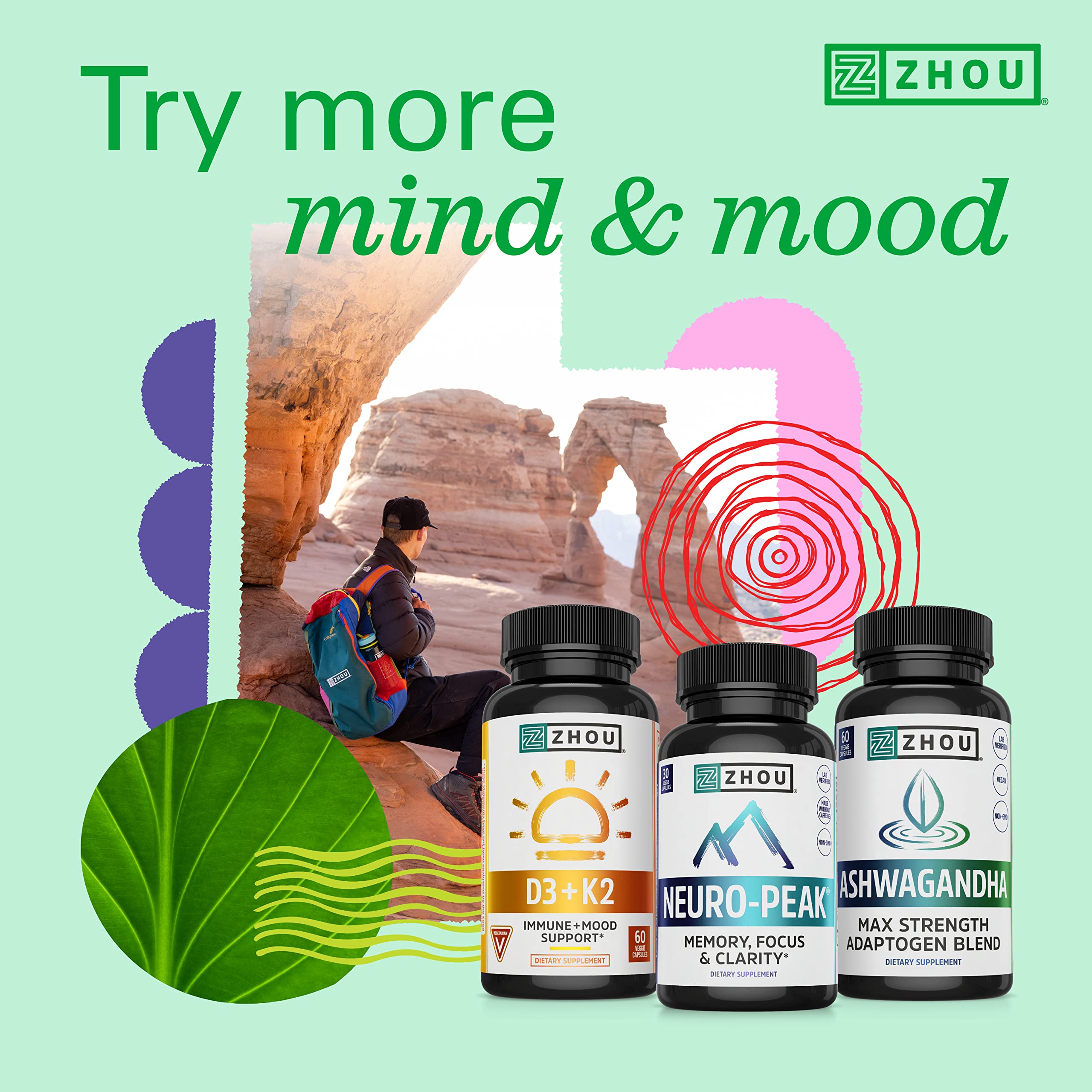 Zhou Energy + Focus - L Theanine Caffeine Pills, 200mg L-Theanine, 100mg Natural Anhydrous Caffeine Boost for Adults, Men & Women, Slow Extended Release - 60 Vegetarian Capsules (Pack of 1) ZHOUAu supplements