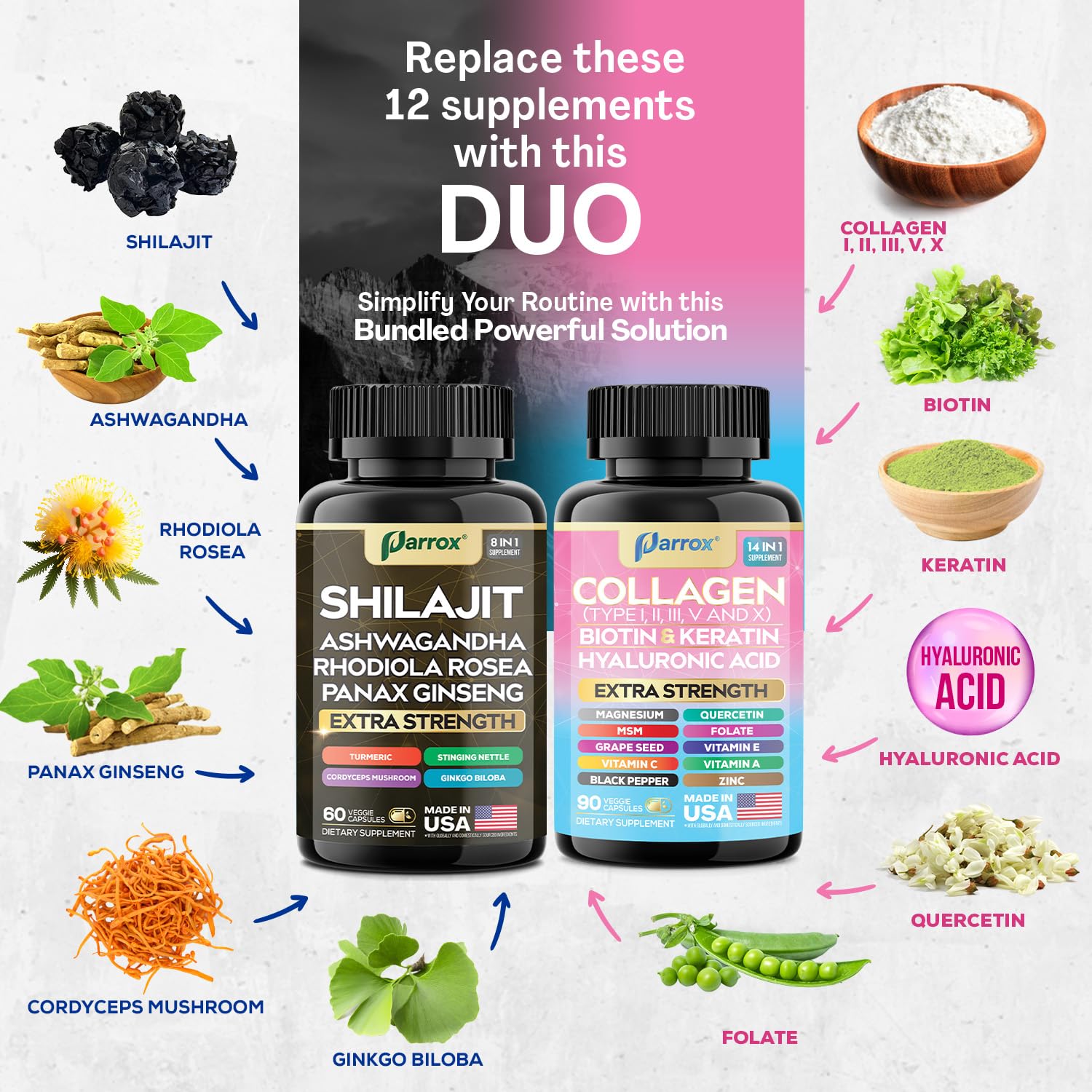 Parrox Adaptogen & Beauty Bundle – Rhodiola, Panax Ginseng, Ashwagandha, Cordyceps, Turmeric, Collagen, Biotin, Keratin, MSM, Hyaluronic Acid, Zinc, Quercetin, Vitamin C, A & E, Folate, Magnesium ParroxAu supplements