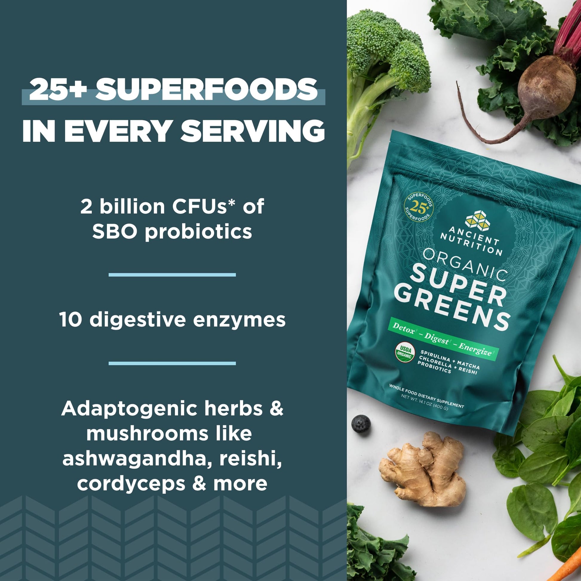 Ancient Nutrition Super Greens Powder, Organic Superfood Powder with Probiotics Made with Spirulina, Chlorella, Matcha, and Digestive Enzymes, 50 Servings, 14.1 oz Ancient NutritionAu supplements