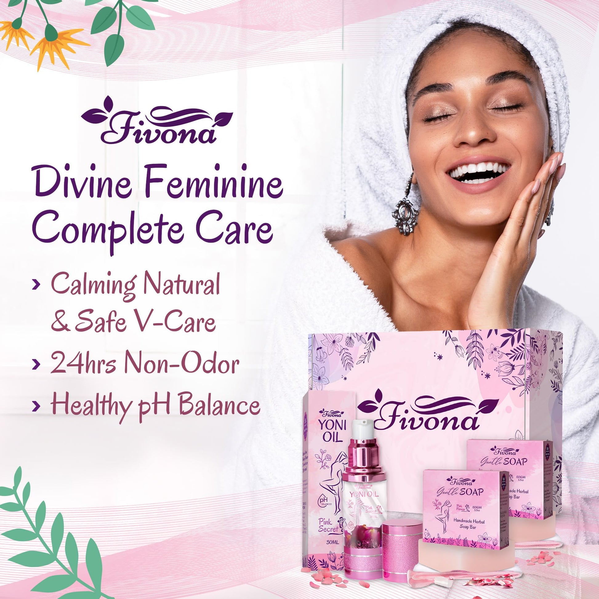 FIVONA 3 in 1 Set of Yoni Oil with 2 Yoni Soap Bars - Feminine pH Balanced Natural Vaginal Oil 30 ml FIVONAAu supplements
