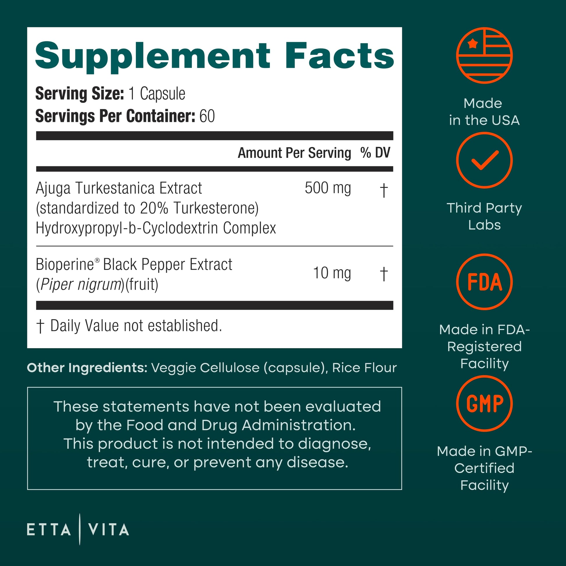 Potent Turkesterone Supplement, 2X Pure (Made in USA - 3rd Party Tested) Most Bioavailable and Natural Test Support Supplement, Supports Energy Lean Muscle Health, Recovery and Stamina, Vegan (60ct) Etta VitaAu supplements