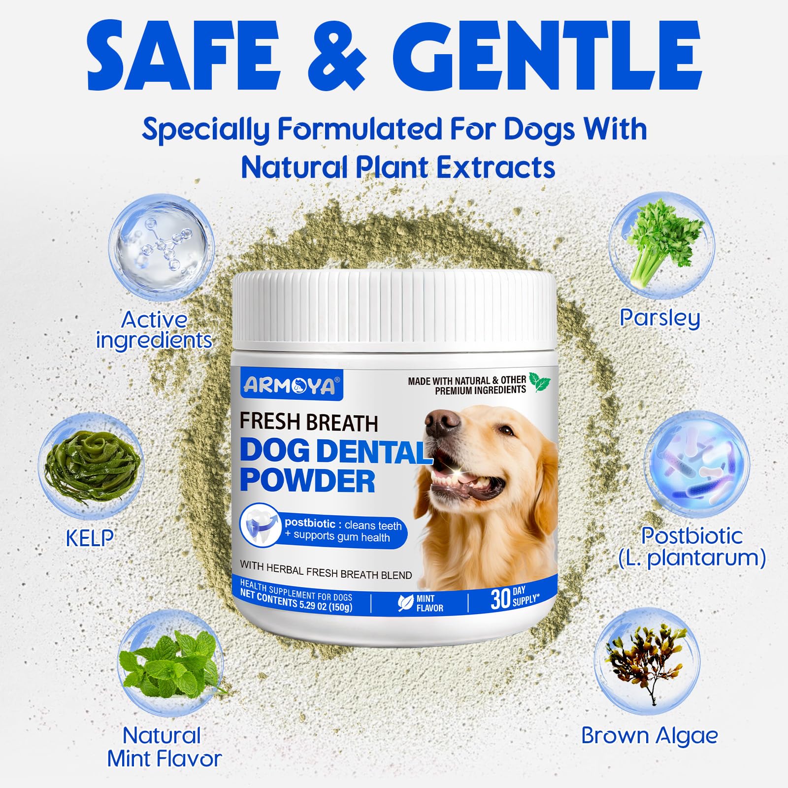 Dog Teeth Cleaning Powder - Dental Powder for Dogs Teeth - Plaque Removal - Supports Gum Health - Tartar Remover with Natural Herb Blend and Postbiotics 30 Day Supply - Mint Flavor ARMOYAAu supplements