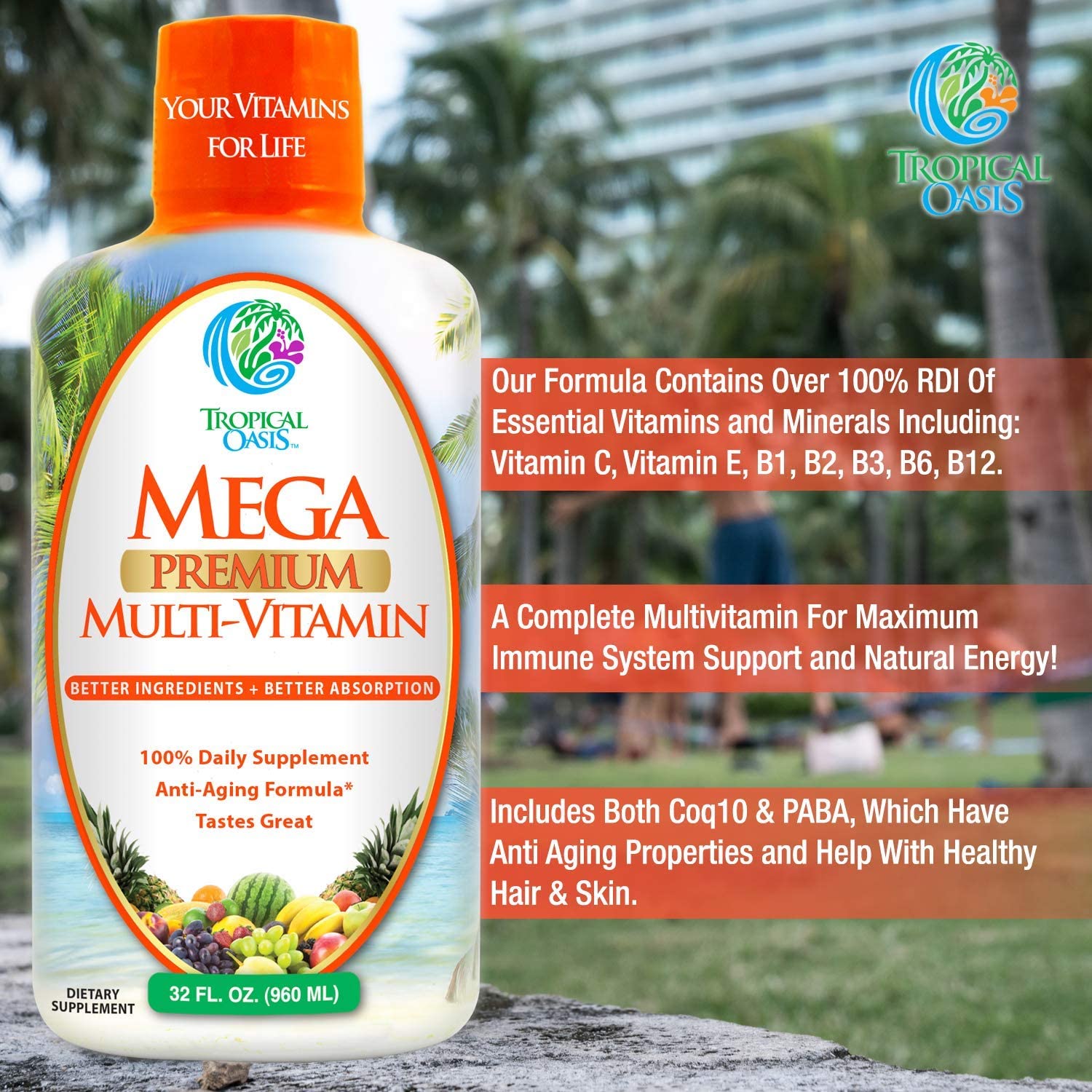Mega Premium Liquid Multivitamin | Natural Immune Support Vitamin w/ 1333% Vitamin C, 200% D3, Zinc + 20 Vitamins, 70 Minerals, & 21 Amino Acids | Sugar Free | Orange Flavor | 98% Absorption | 32 Serv Tropical OasisAu supplements