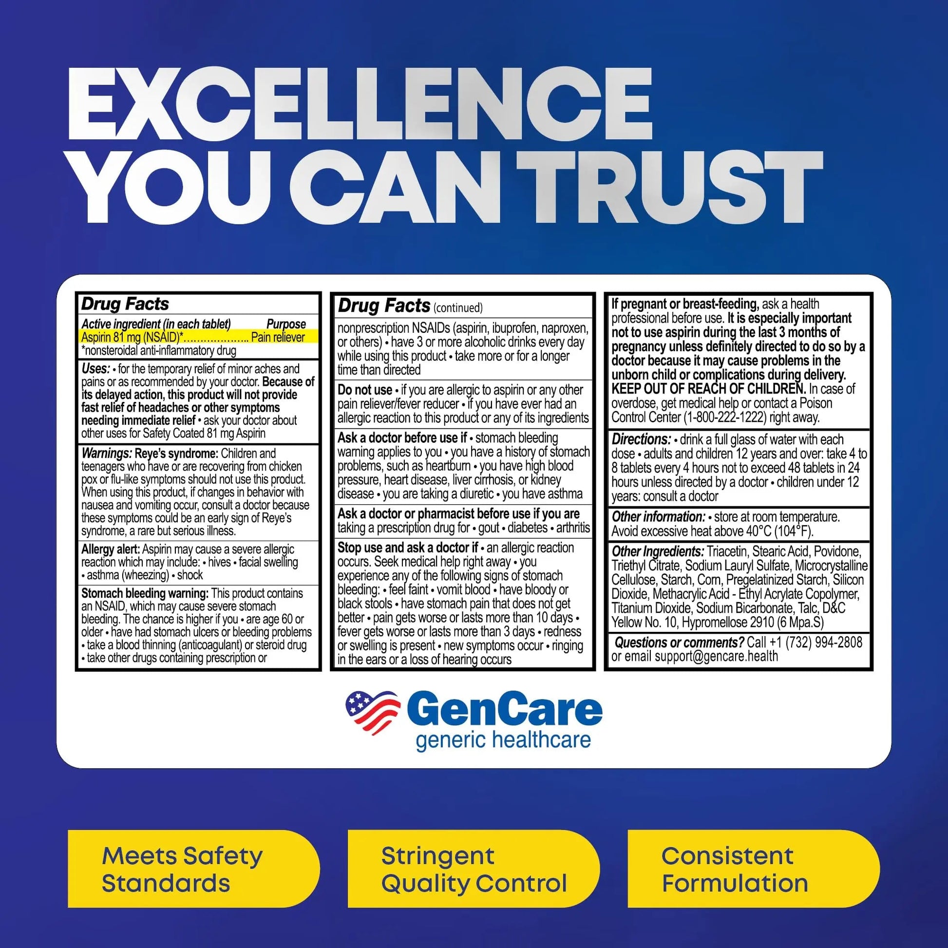 GenCare - Low Dose Aspirin 81mg for Adults Coated (NSAID) 500 Tablets | Adult Low Dose | Enteric Coated Aspirin Pills | Muscle Pain & Menstrual Pain Relief | Fever Reducer | Generic Bayer GenCareAu supplements